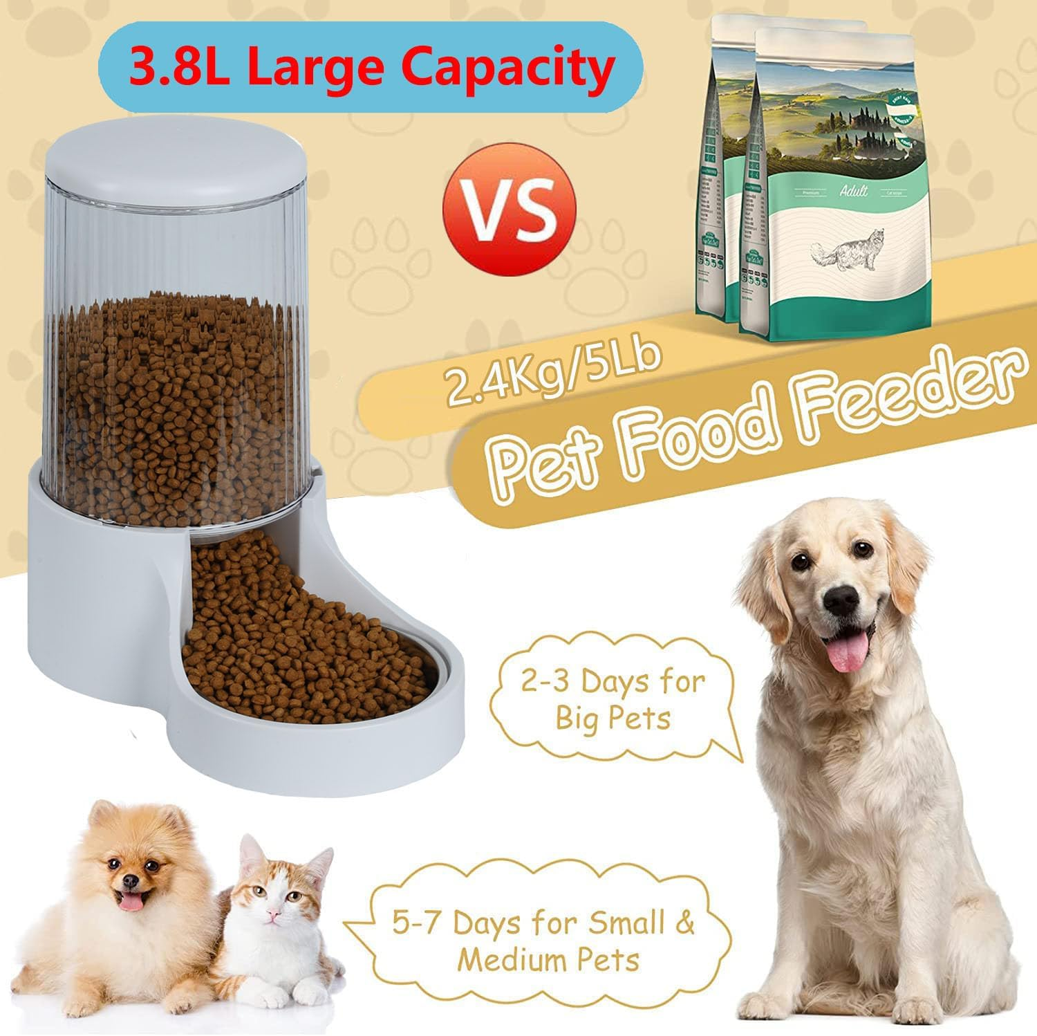 Automatic Cat Feeder, 3.8L Large Gravity Cat Food Dispenser with Detachable Top Lid, Visible Bottle and Stainless Steel Bowl for Pets (White) image number 1