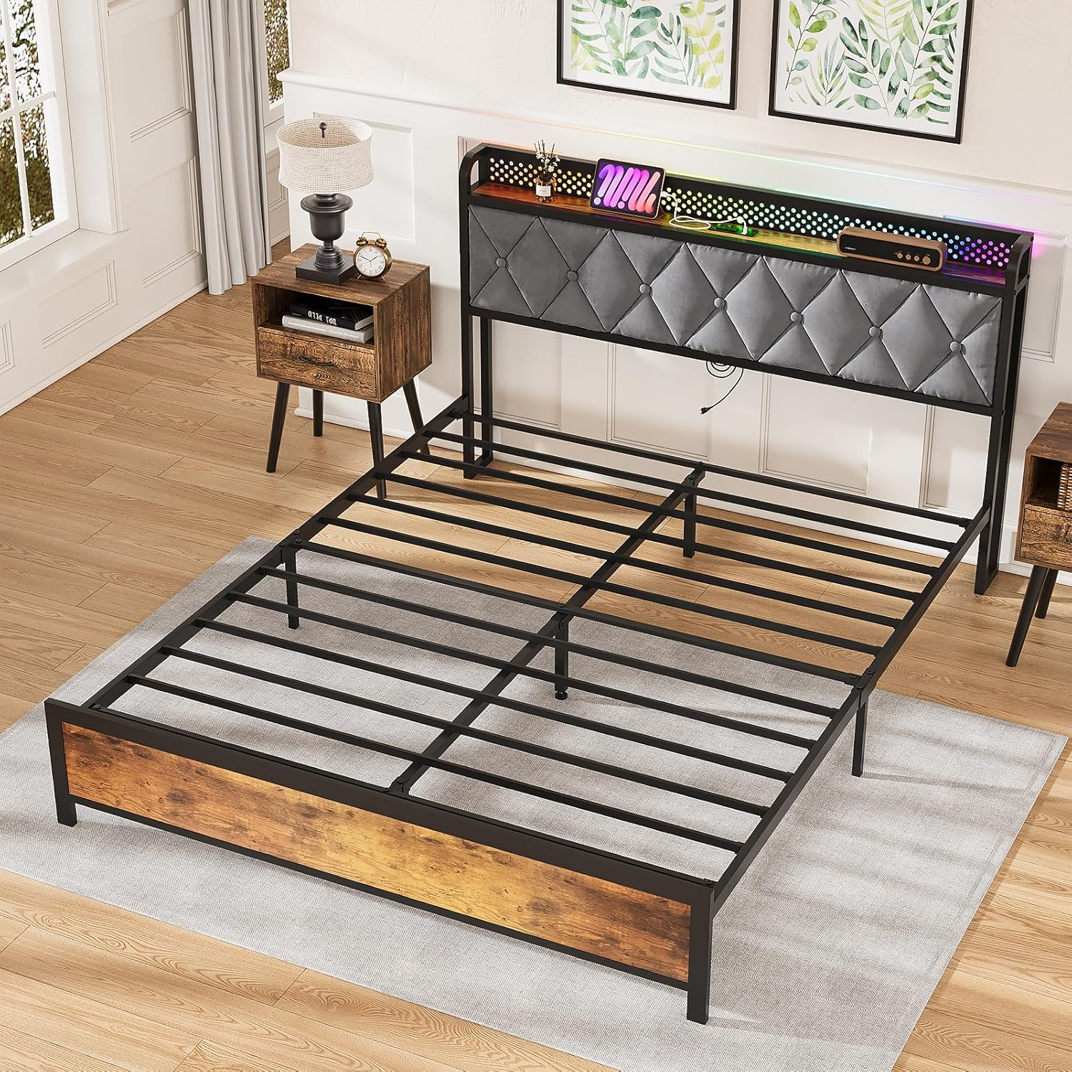 ADVWIN Queen Size Bed Frame, Storage Headboard with Led & Charging Station, Industrial Upholstered Platform Bed with Metal Mattress Base Support, No Box Spring Needed, Rustic Brown & Gray (Queen) image number 6