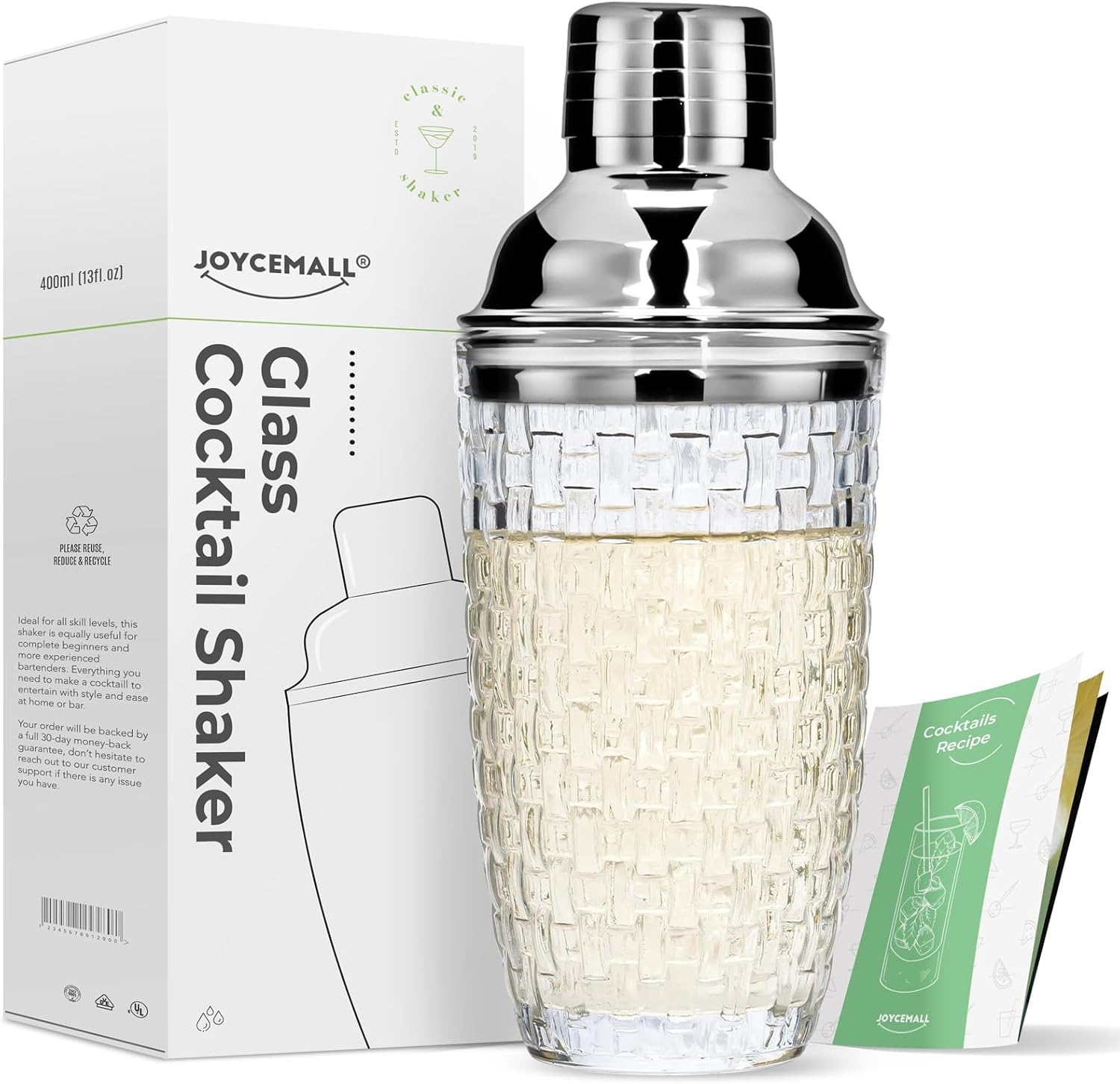 Glass Cocktail Shaker Kit, 13 Ounce Martini Mocktail Making Set with Leakproof Metallic Steel Lid & Strainer for Home Use & Bar Cart Gold