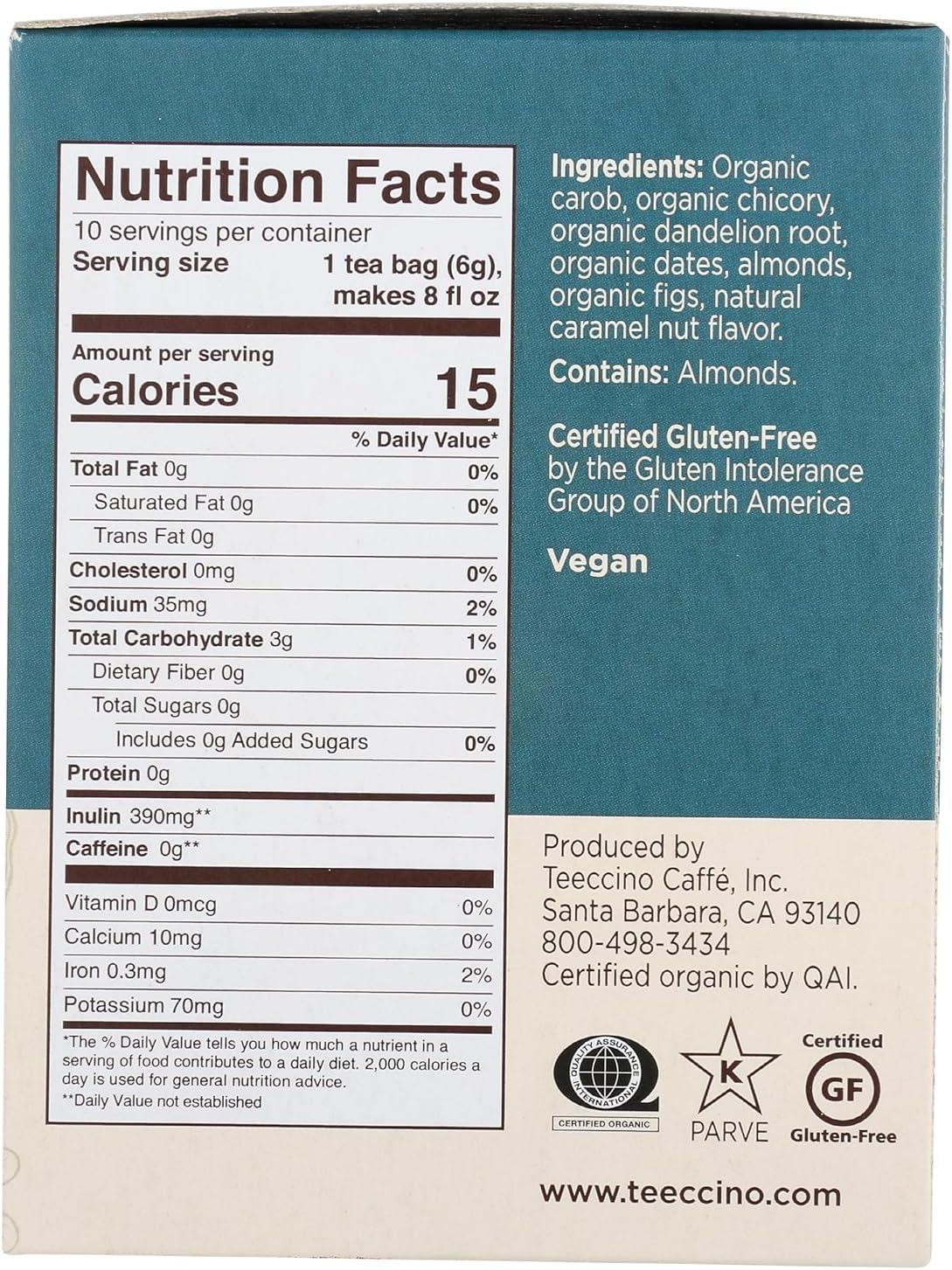 Teeccino Dandelion Caramel Nut Roasted Caffeine Free Chicory Herbal Tea 60 G, 10 Teabags image number 6