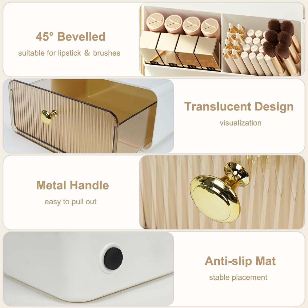 Makeup Organizer Countertop 2-Tier 1-Drawer Cosmetics Organiser Skincare Makeup Organiser Shelf Brush Holder Vanity Organiser (Amber) image number 3