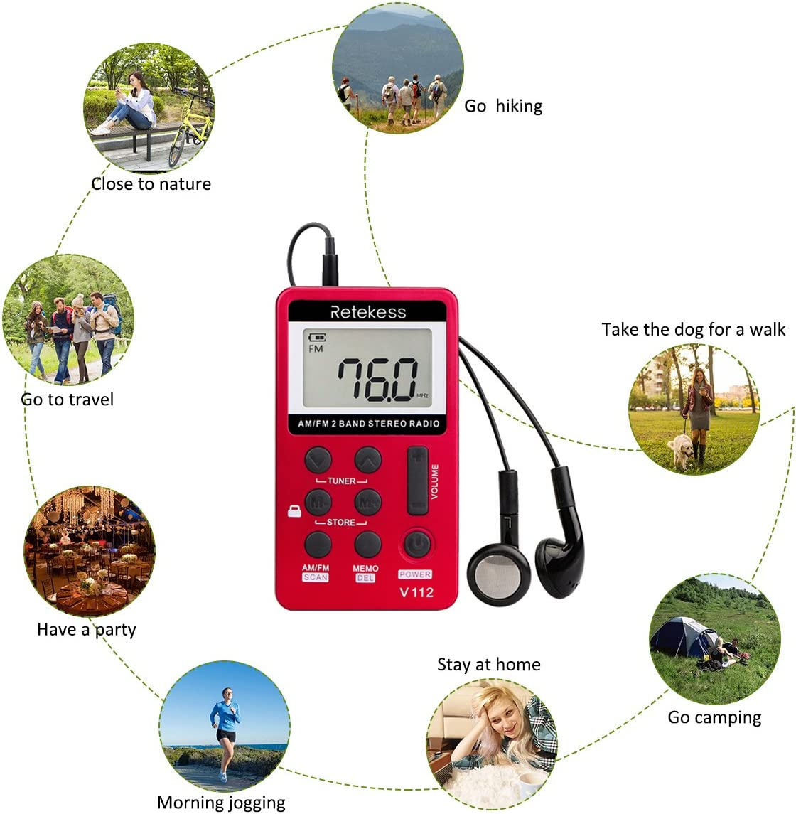 Retekess V112 Portable Pocket AM FM Radio Digital Tuning Mini Little Radios with Earphone Rechargeable Battery LCD Screen for Walk Running Kids Senior Adults (Red+Gold) - Gold+Red image number 6