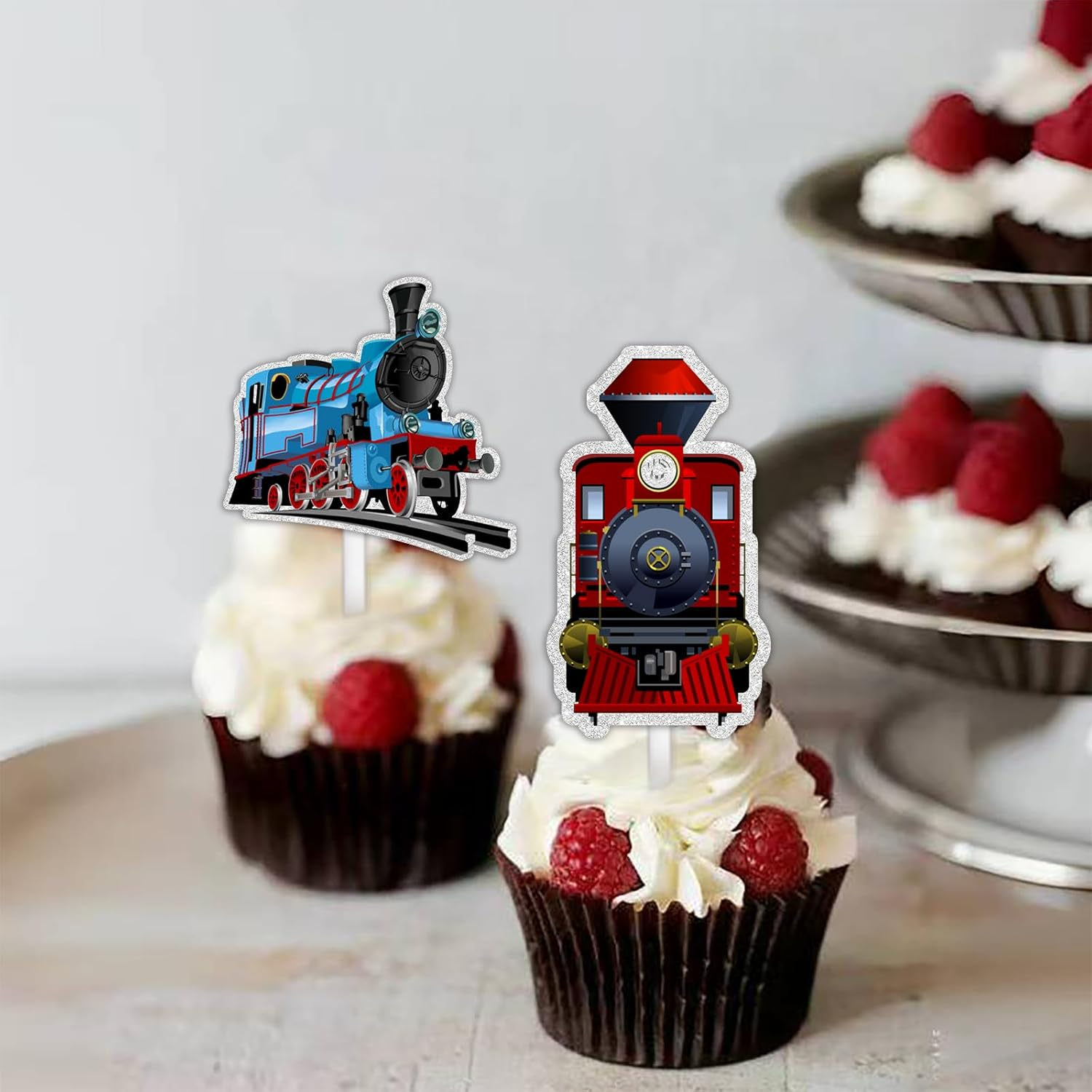 Glitter Dessert Cupcake Topper Cheer to Transportation Train Railroad Crossing Theme Decorations Supplies Baby Shower Children Boy Girl Happy Birthday Party Decor Set 18Pcs image number 3