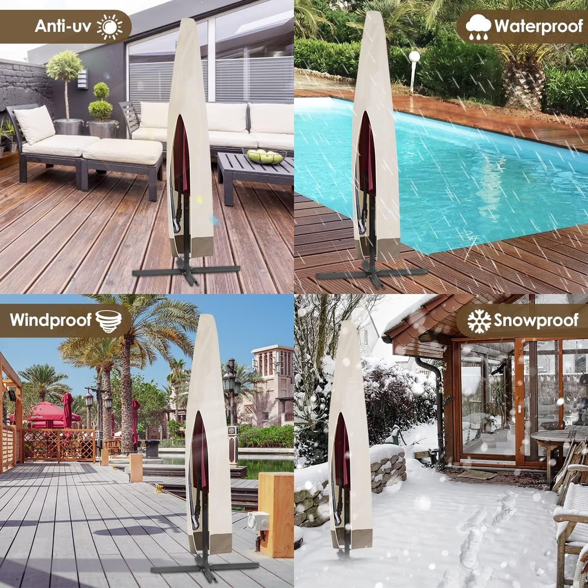 Patio Umbrella Cover Outdoor 600D Oxford Cloth Waterproof Umbrella Covers with Storage Bag Garden Parasol Cover with Drawstring for Outdoor Umbrellas (1, Beige+Coffee)