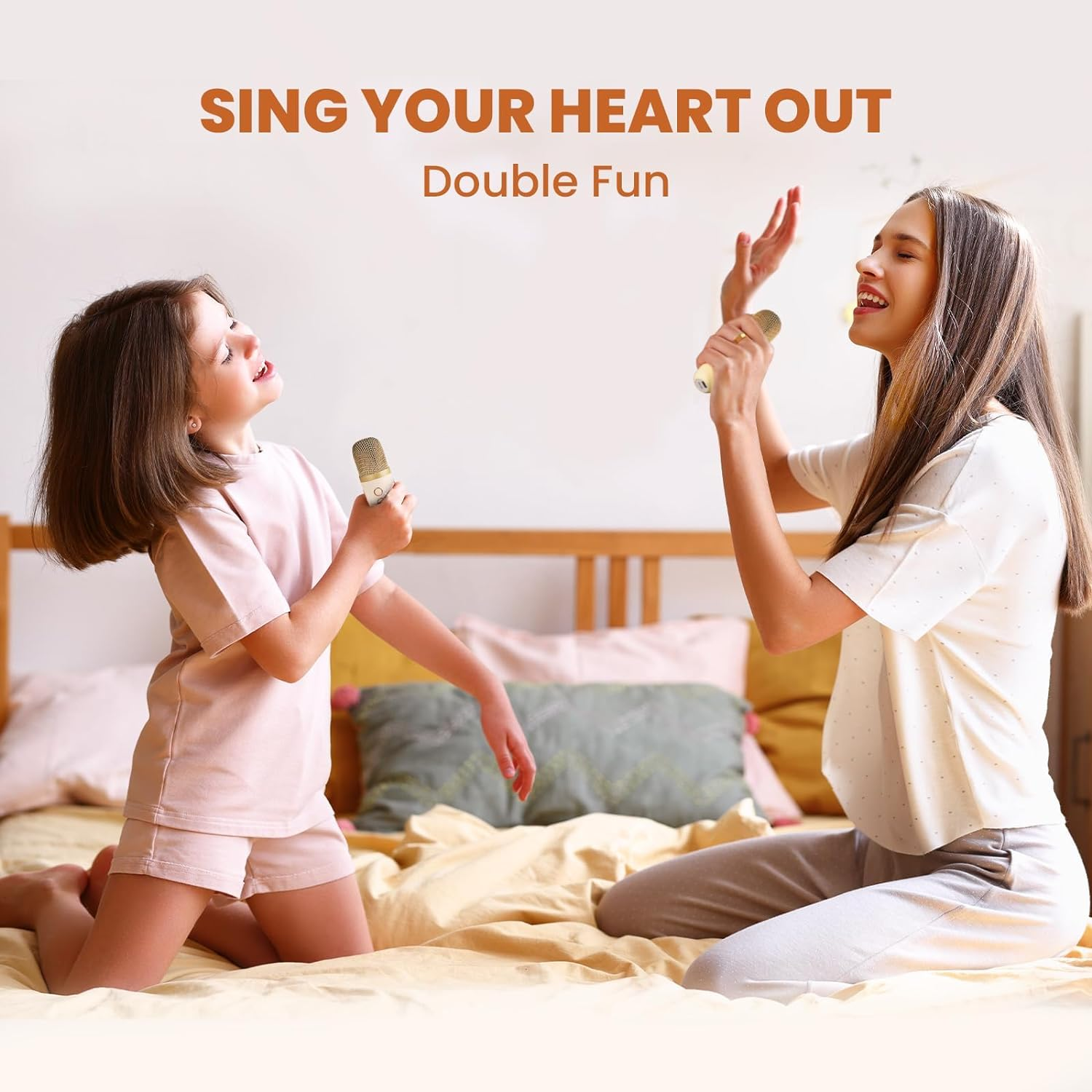 Kids Karaoke Machine, Karaoke Microphone Machine Toy with 2 Wireless Microphones, Portable Bluetooth Speaker Gift with Colorful Lights for Girls Boys Family Home Party(Beige) image number 6