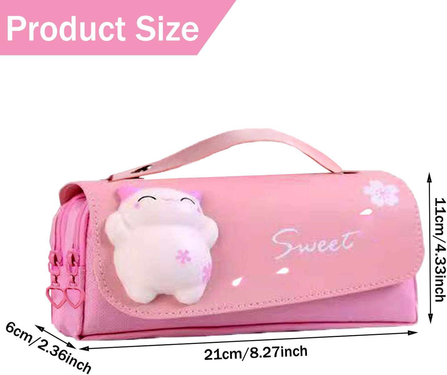 Large Capacity Pencil Case, Cute Pencil Pouch with 3 Compartment, Cartoon 3D Extrusion Cat Decoration Pencil Case, Portable Pencil Bag, Pen Storage Box for Office College School Stationery image number 4