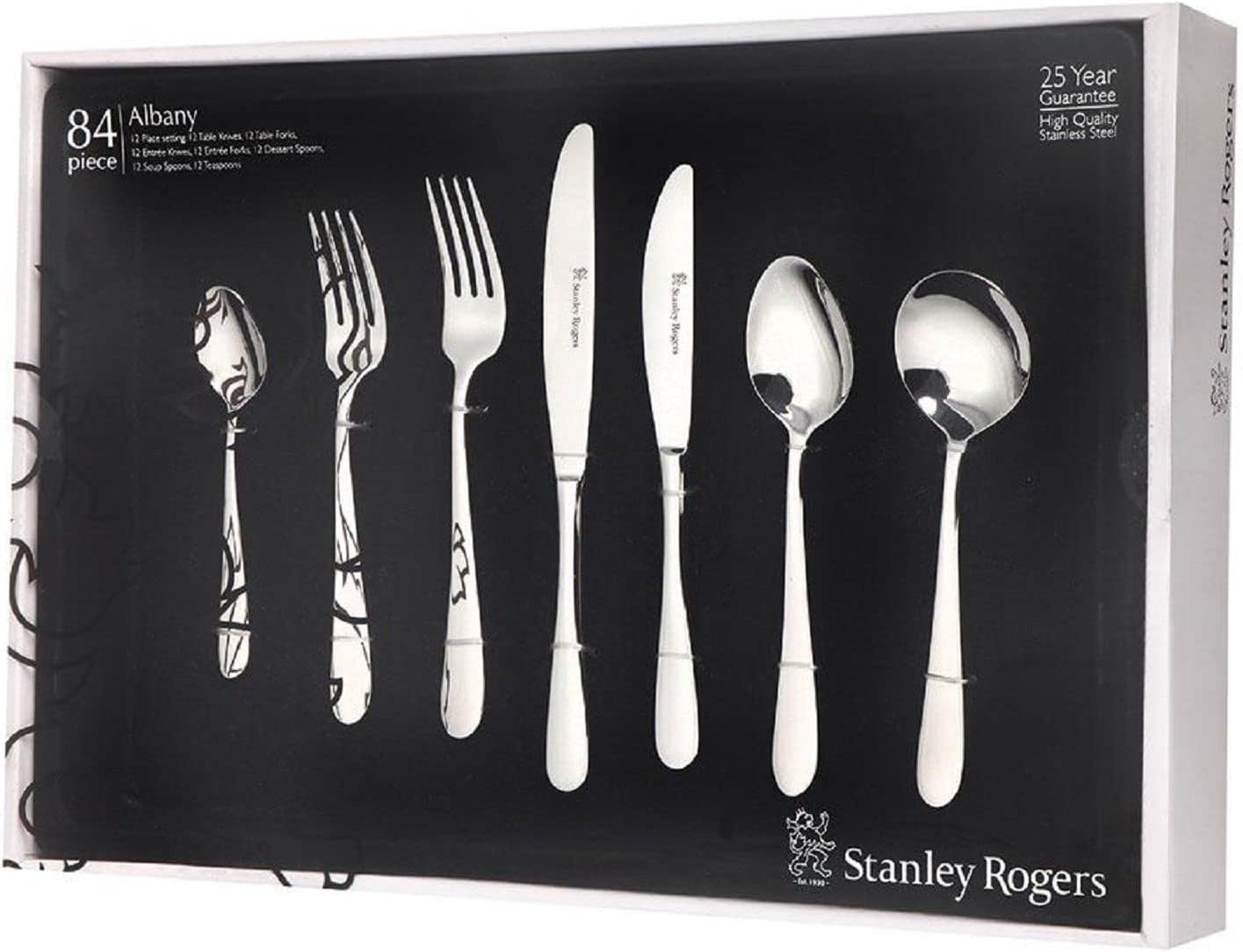 Stanley Rogers Albany 84 Piece Cutlery Set, Stainless Steel with Mirror Polish, Formal Place Setting for Twelve, Premium Dinner Set in Gift Box