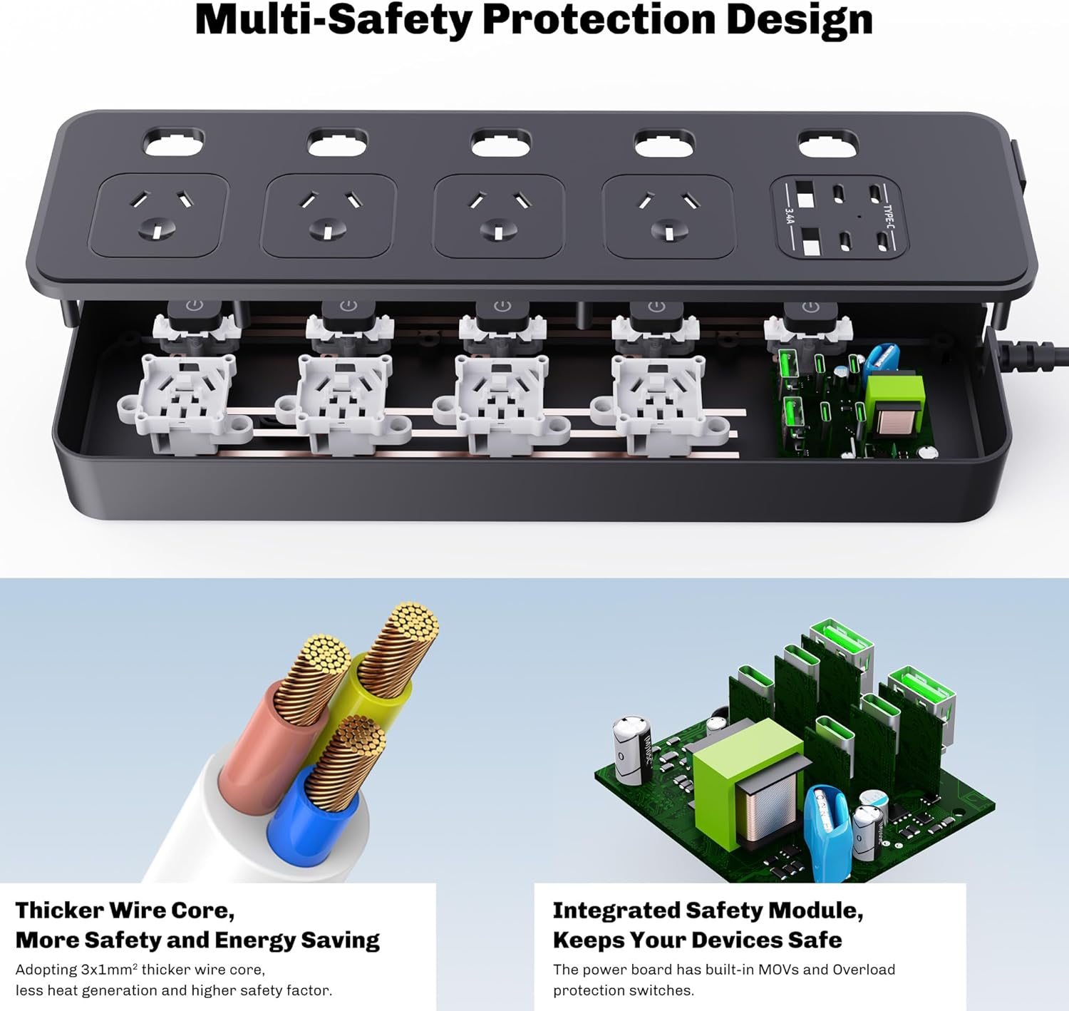 Power Board USB, 2M Black Durable Extension Cord with 4 AC Outlets, 5 Switches, 2 USB-A/4 USB-C Ports Power Strip, Overload, Surge Protection,Wall Mountable Power Board for Office, Home image number 3