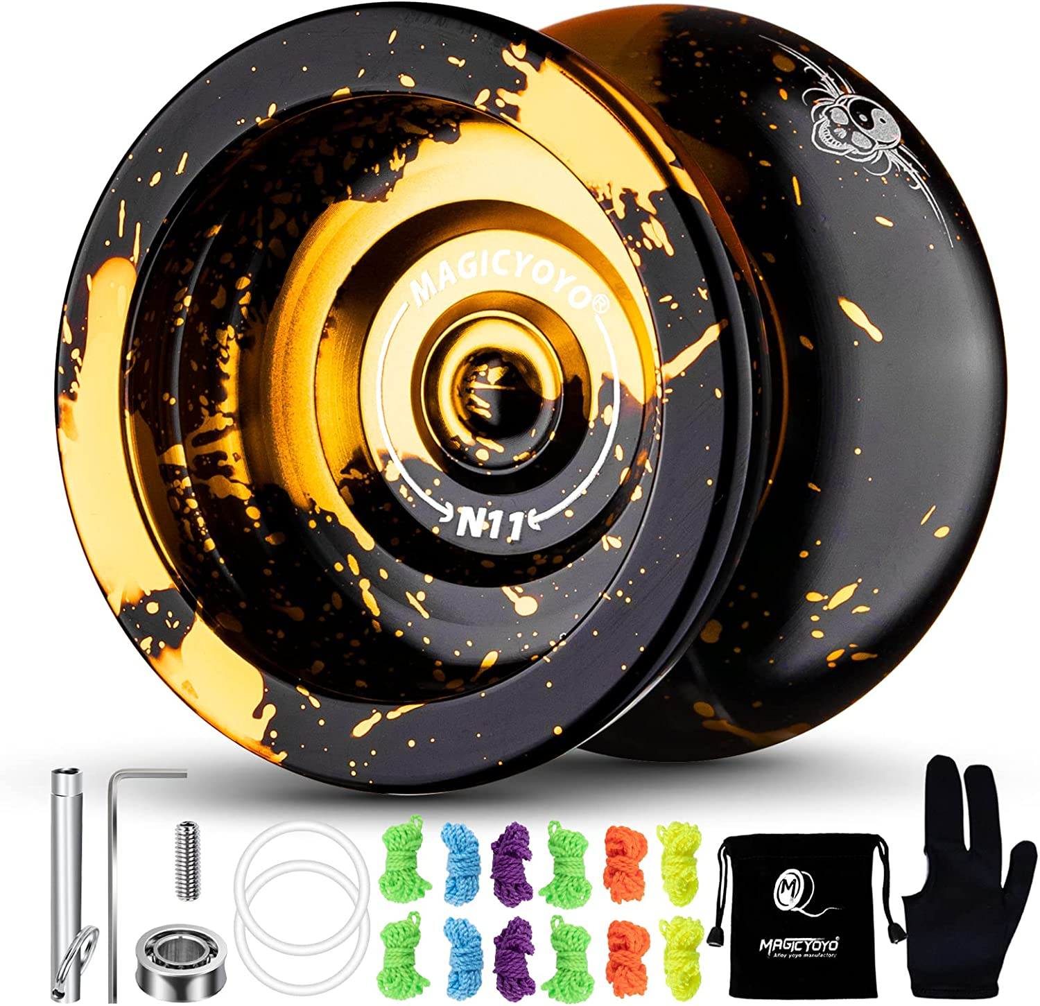 Dual Purpose N11 Black Golden Alloy Yoyo - Responsive for Kids Beginners, Unresponsive for Advanced Play + Glove, Bag, 12 Strings image number 4