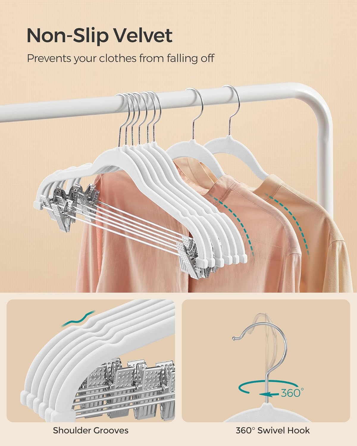 SONGMICS 50-Pack Pants Hangers, 16.7-Inch Long Velvet Hangers with Adjustable Clips, Heavy-Duty, Non-Slip Skirt Hangers, Space-Saving for Pants, Skirts, Coats, Dresses, White UCRF012W50 image number 3