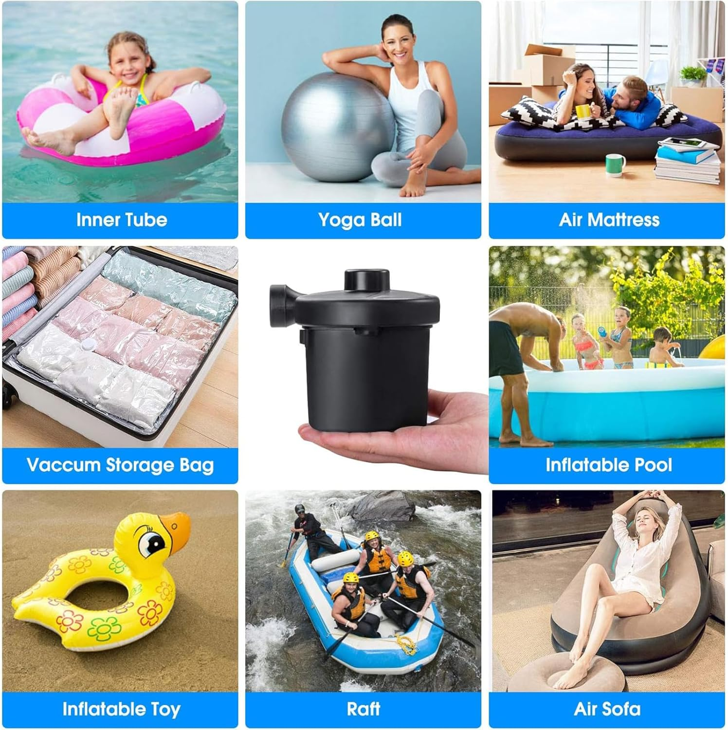 Air Pump for Air Mattresses and Inflatables, Quick Fill Inflator/Deflator for Camping, Inflatable Boats, Pools, Water Toys, and Air Beds image number 3