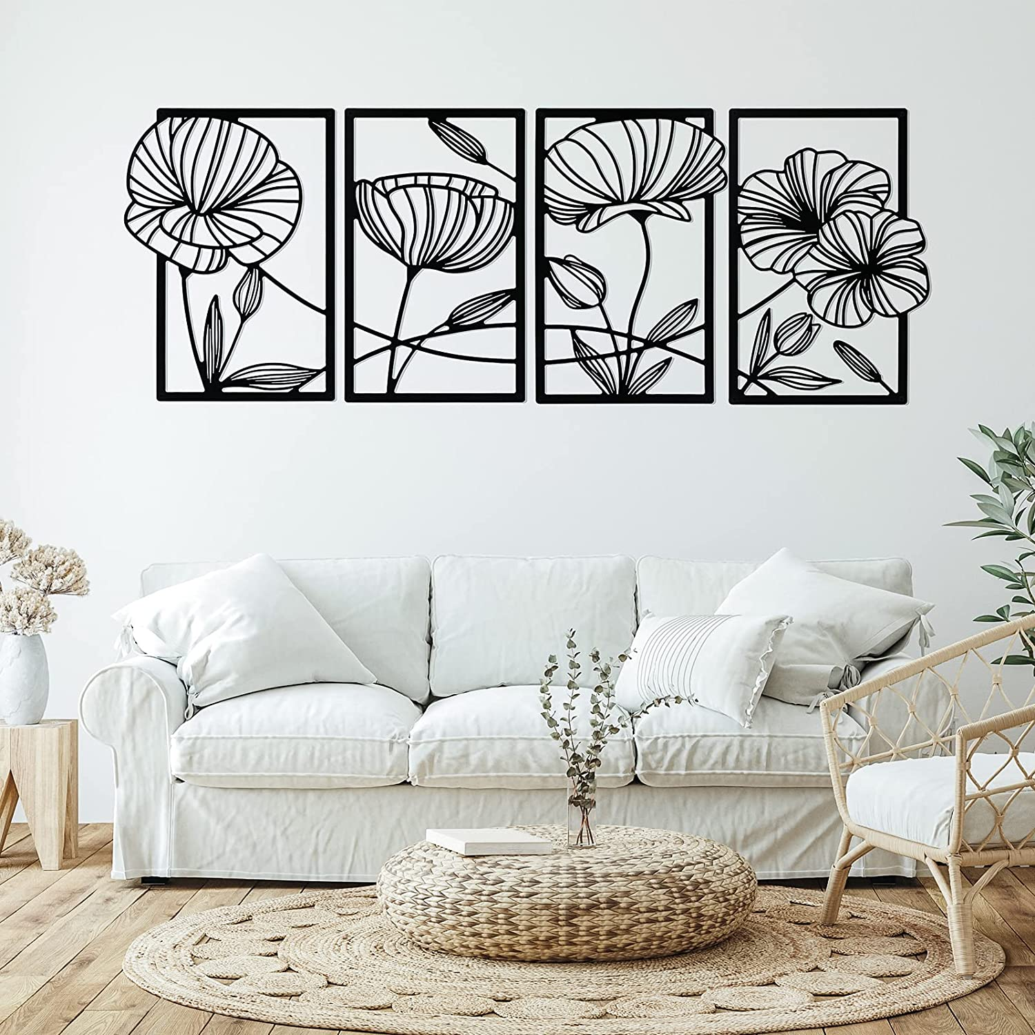 Cunno 4PCS Metal Line Art Wall Decor Living Room Metal Flower Minimalist Sculpture Modern Aesthetic Poppy Floral Minimalist Wall Hanging Bedroom Home Kitchen Bathroom 16.5X11.9'' (Black) DAY-234 image number 1