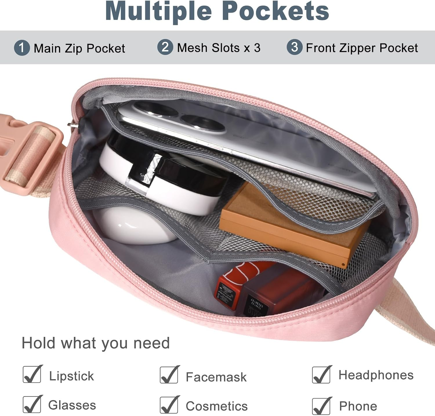 Dmluna Small Crossbody Bags for Women Trendy, Lightweight Waist Pack for Women & Men, Mini Belt Bag, Waist Bag with Adjustable Strap for Running Workout Traveling, Rose Gold image number 2