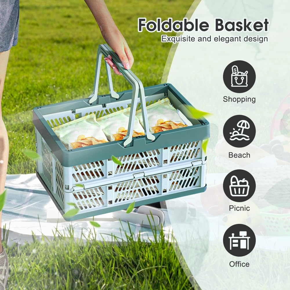 Portable Storage Crate, Plastic Storage Baskets for Organizing, 20L Collapsible Shopping Basket, Foldable Picnic Basket with Handles, Stackable Car Milk Dairy Container (Blue, Large) image number 2