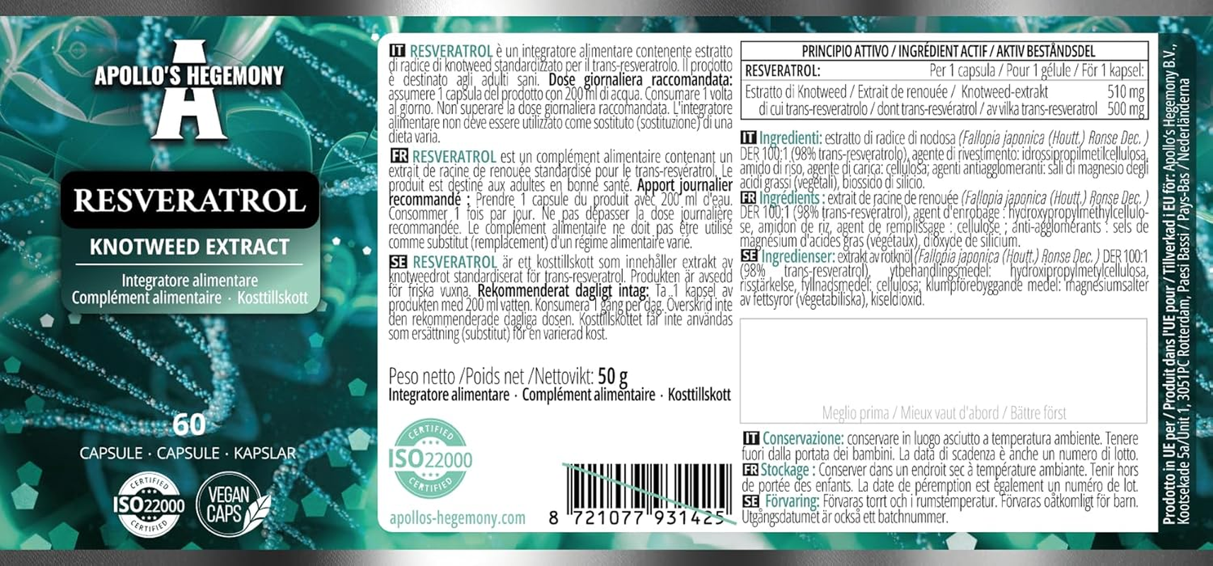 Resveratrol High Dose 400 Mg - 60 Vegan Capsules - 2 Months Supply - 98% Trans-Resveratrol from Japanese Knotweed Extract - Natural Antioxidant - by Apollo'S Hegemony image number 1