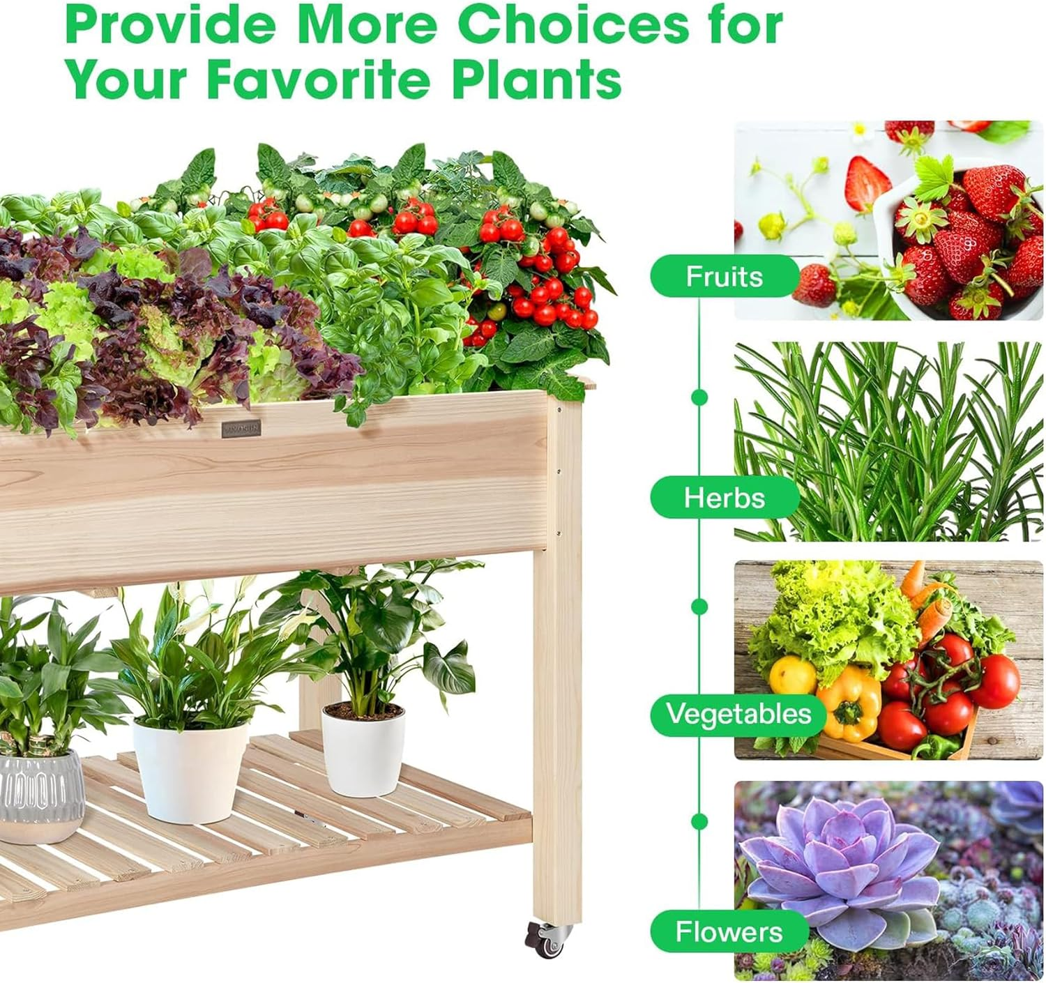 Natural Raised Garden Bed with Wheels, Mobile Elevated Wood Planter Box for Outdoor Patio, Deck, Balcony, Backyard, 120 * 59 * 80CM image number 1