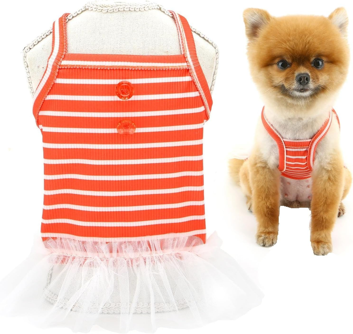 Knitted Dog Dress for Small Dog Striped Pet Pullover Strap Dress Stretchable Summer Clothes Breathable Puppy Tulle Skirt (Red, S) image number 2