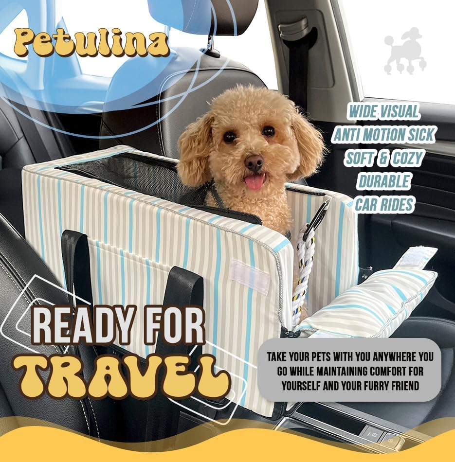 PETULINA Dog Car Seats for Small Dogs - Small Dog Car Seat - Travel Bags for Dogs and Cats Portable - Dog Booster Seat Washable - Car Armrest Included Safety Tethers Perfect Car Seat for Pets (Blue) image number 3