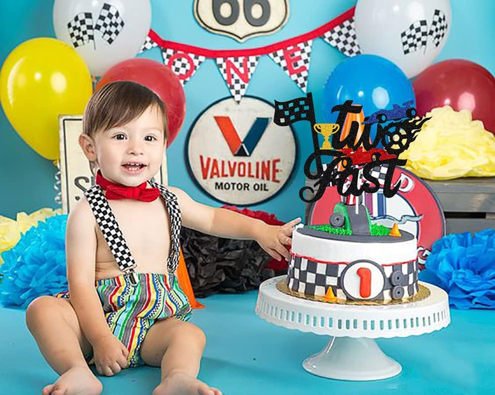 Two Fast Cake Topper, Race Car Birthday Supplies 2Nd Birthday Cake Decoration Race Car Hot Wheel Chequered Flag Themed Party Supplies Decorations(Doubled-Sided), Black image number 2