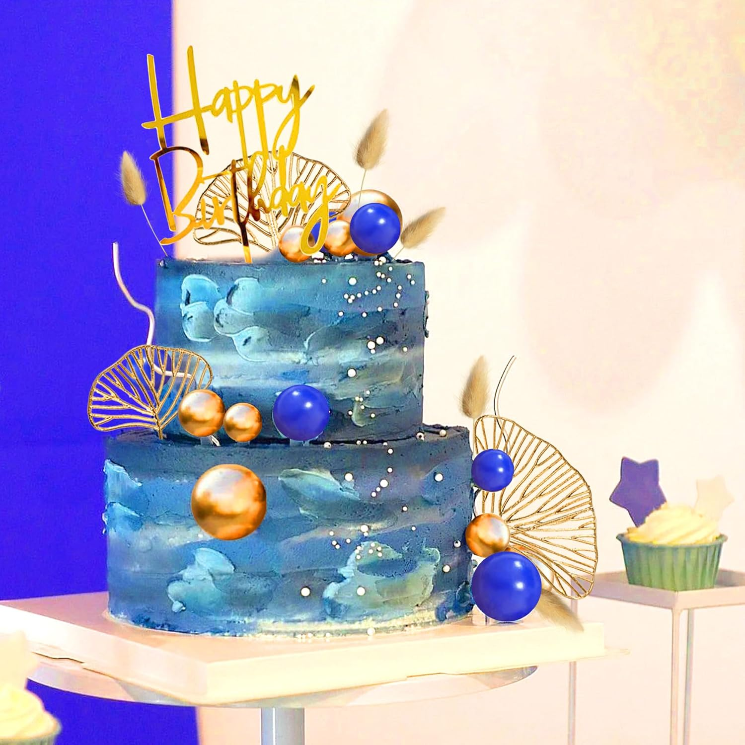 Jevenis Blue and Gold Cake Decorations Gold Birthday Cake Toppers Men for Birthday Wedding Baby Shower Party Decoration image number 4