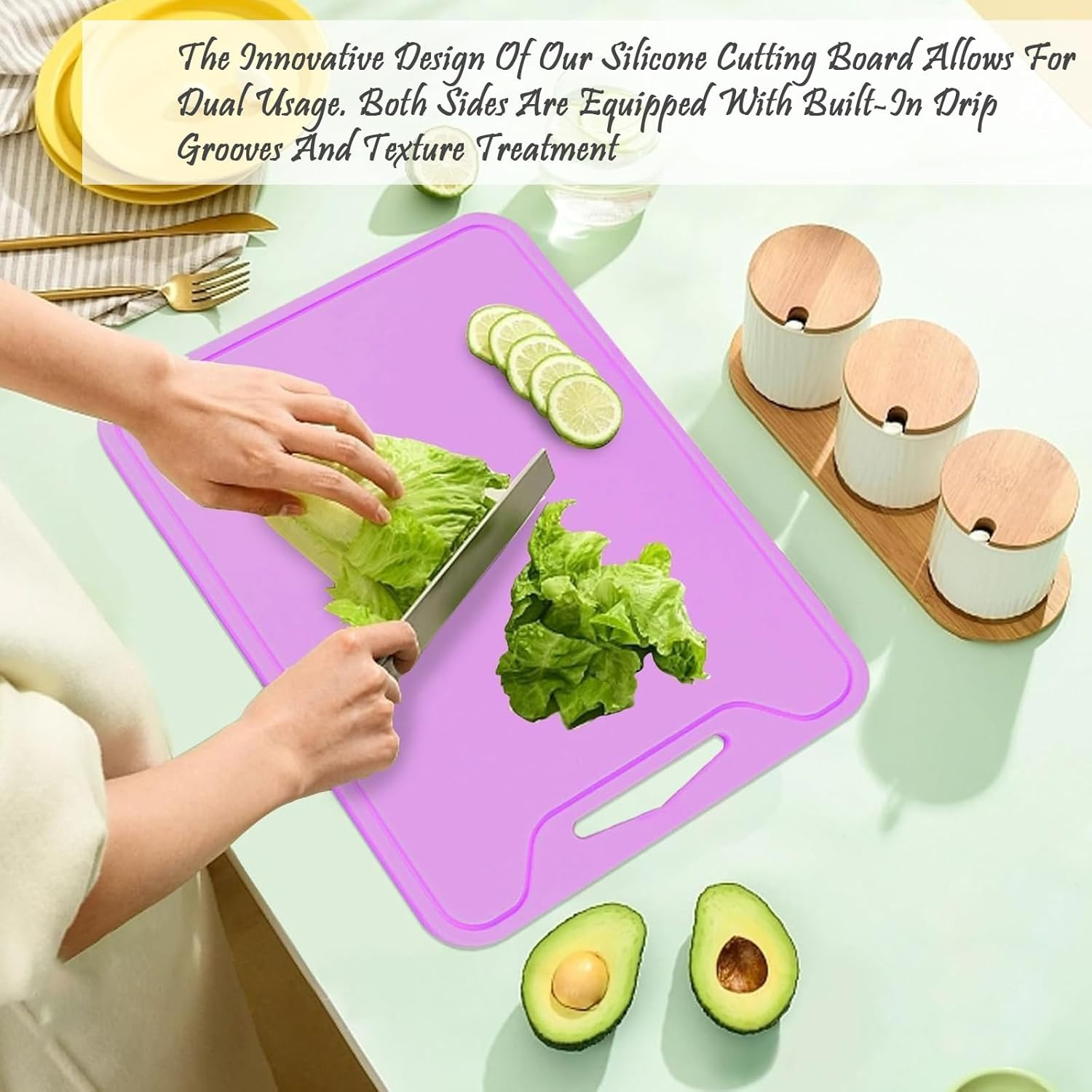 Thick Silicone Cutting Board, Dual-Sided, Non-Slip, Juice Groove, Foldable, 11.65In * 8.58In, Yellow, Orange, Lavender, Purple, Blue