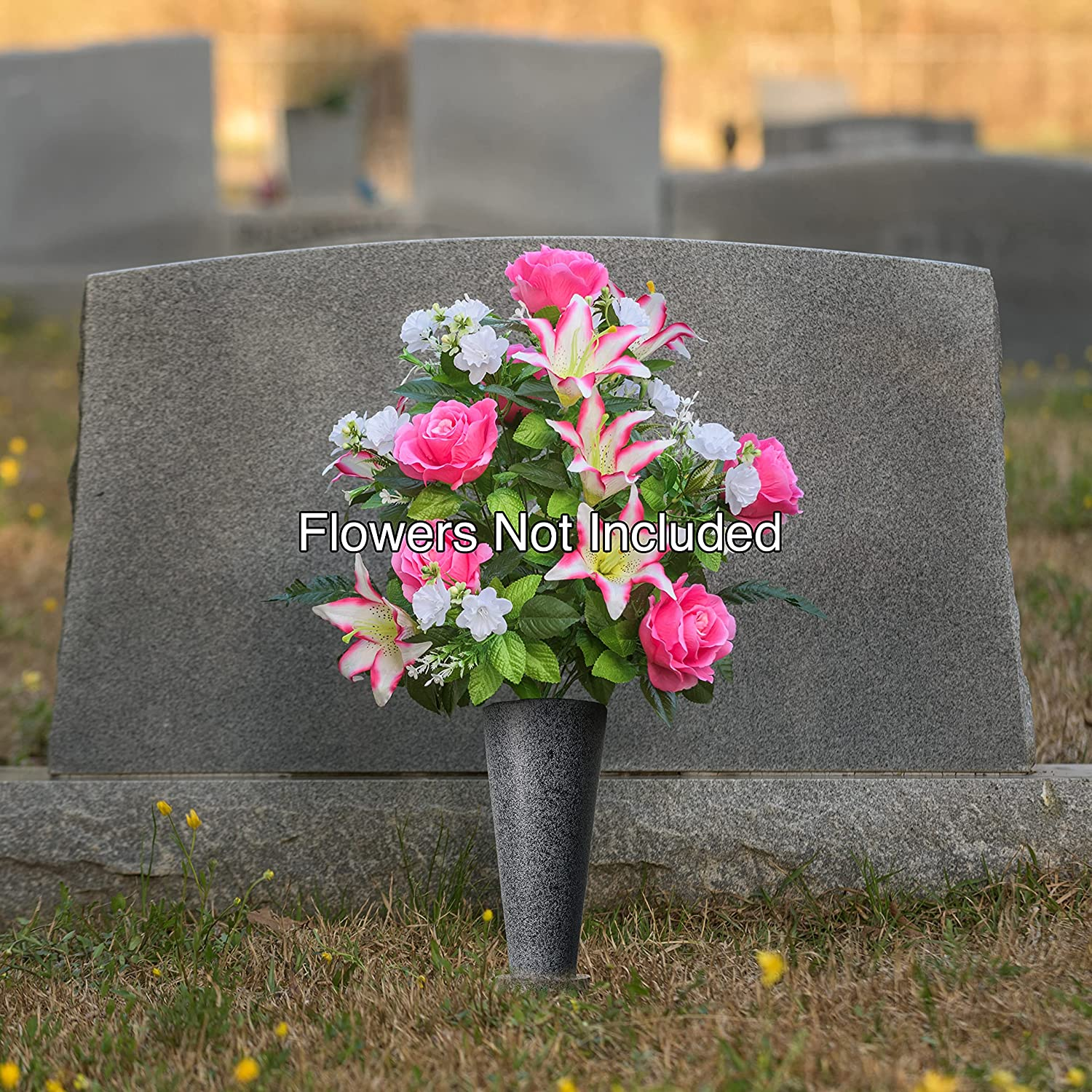 Cemetery Vase with Stakes-Plastic Flower Vases with 2 Ground Spikes, Draining Holes - for Garden, Lawn, Yard - Memorial Grave Decorations 12.7X3.4.X3.9, Black Granite Design image number 3