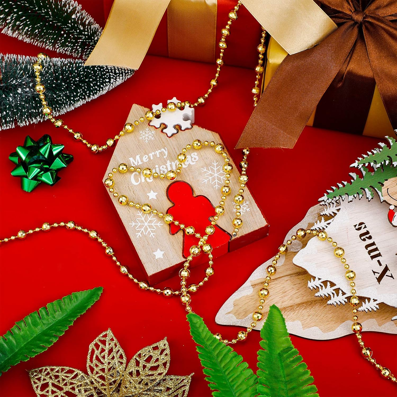 WILLBOND 32.8 Feet Christmas Tree Beads Beaded Garland Strand Plastic Pearls Beads Garland Crystal Bead Roll for Christmas and Holiday Decorations (Gold) - Gold image number 3