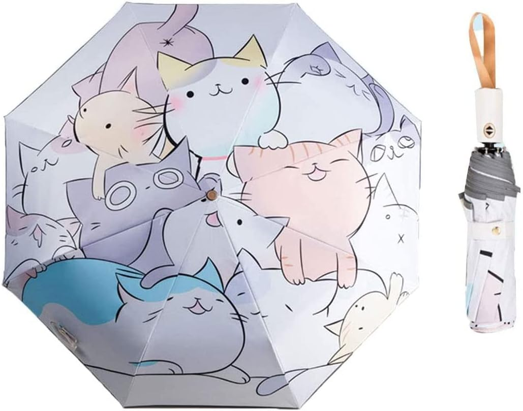 Children Folding Umbrella Automatic Umbrella with Cat Cartoon Strong Windproof and Uv-Resistant Travel Umbrella Compact Umbrellas for Girls and Boys, as Shown, One Size image number 3