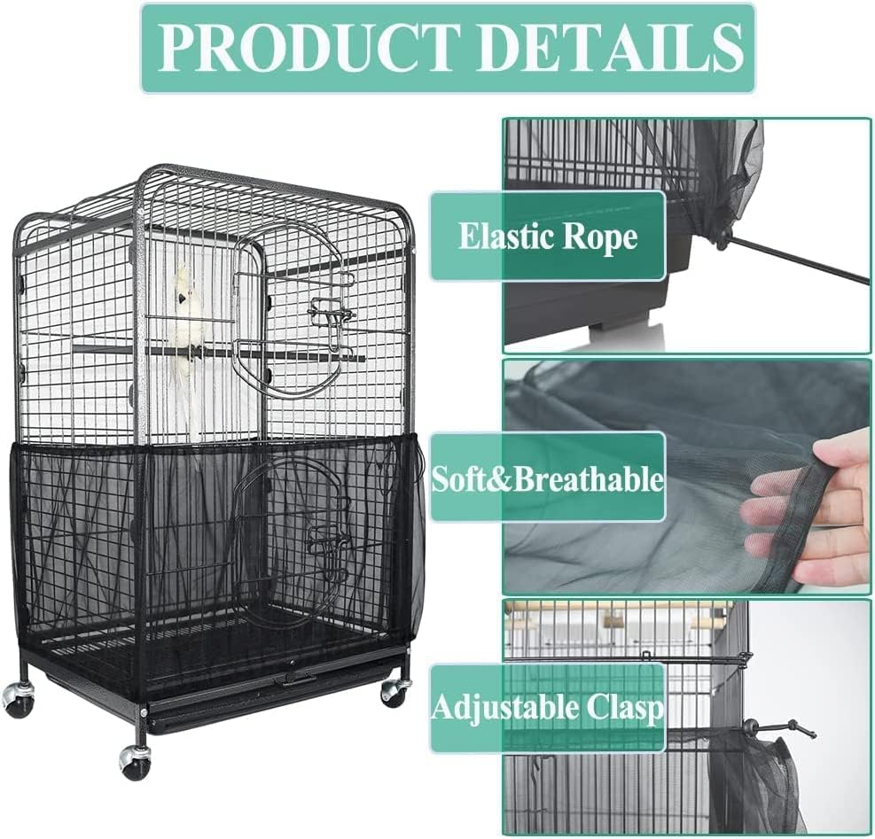 ASOCEA Bird Cage Seed Catcher Adjustable Bird Cage Cover Soft Nylon Mesh Net with Drawstring Birdcage Skirt Feather Guard for round Square Cages (Black, 118 * 15.7In/300 * 40Cm)