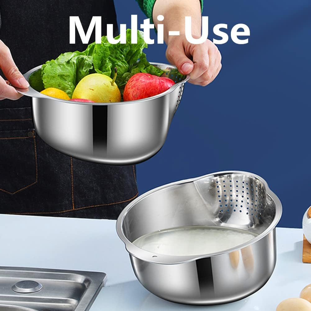 Stainless Steel Rice Washing Bowl Versatile 3 in 1 Colander Strainer for Kitchen Vegetables Fruits Silver 9.84 In image number 6