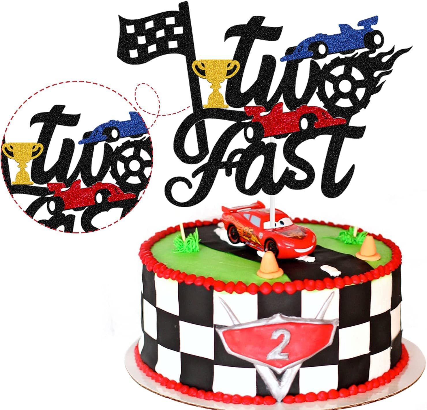 Two Fast Cake Topper, Race Car Birthday Supplies 2Nd Birthday Cake Decoration Race Car Hot Wheel Chequered Flag Themed Party Supplies Decorations(Doubled-Sided), Black image number 1