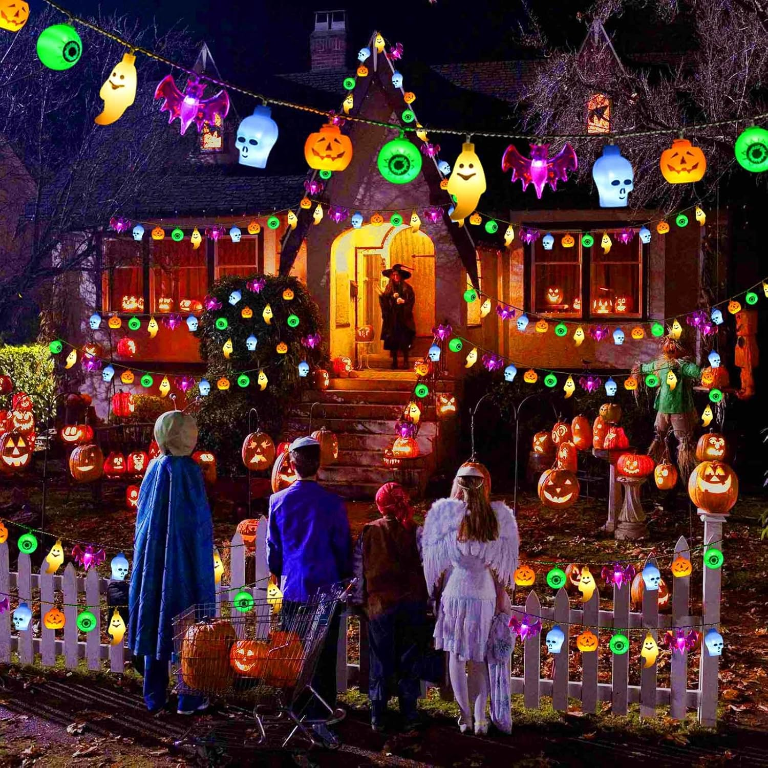2024 Newset 5-IN-1 Solar Halloween String Lights for Outdoor Decor, Spooky Skull Bat Ghost Eyeball Pumpkin Lights for Halloween outside Window Door Golf Cart Camper Balcony Porch Railing Decorations image number 3