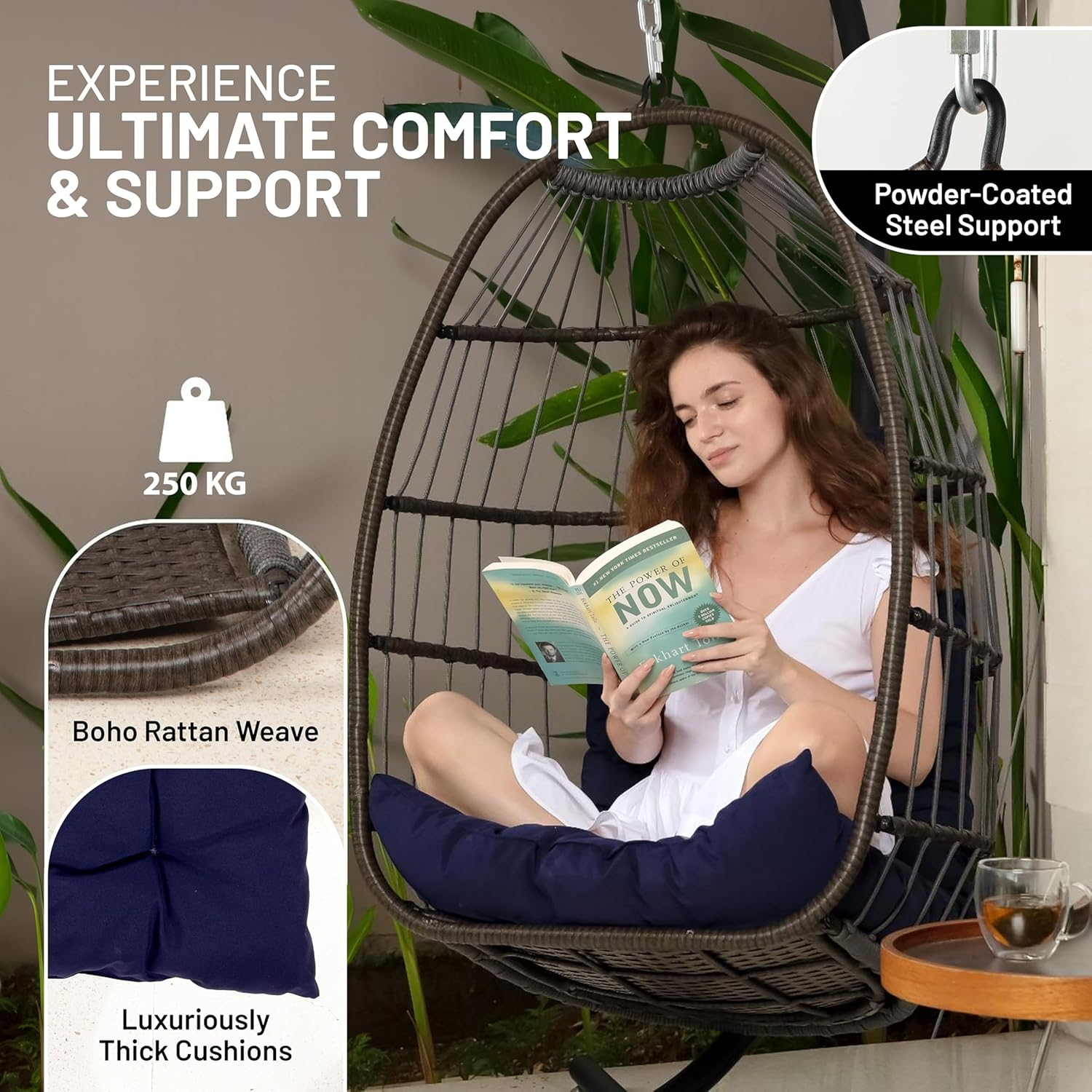 Serenelife Hanging Egg Chair with Stand - up to 250 Kg of Capacity - Beautiful Swinging Basket Chair with Base Made from Wicker Rattan and Powder-Coated Steel Frame - Egg Swing Chair with Stand image number 4