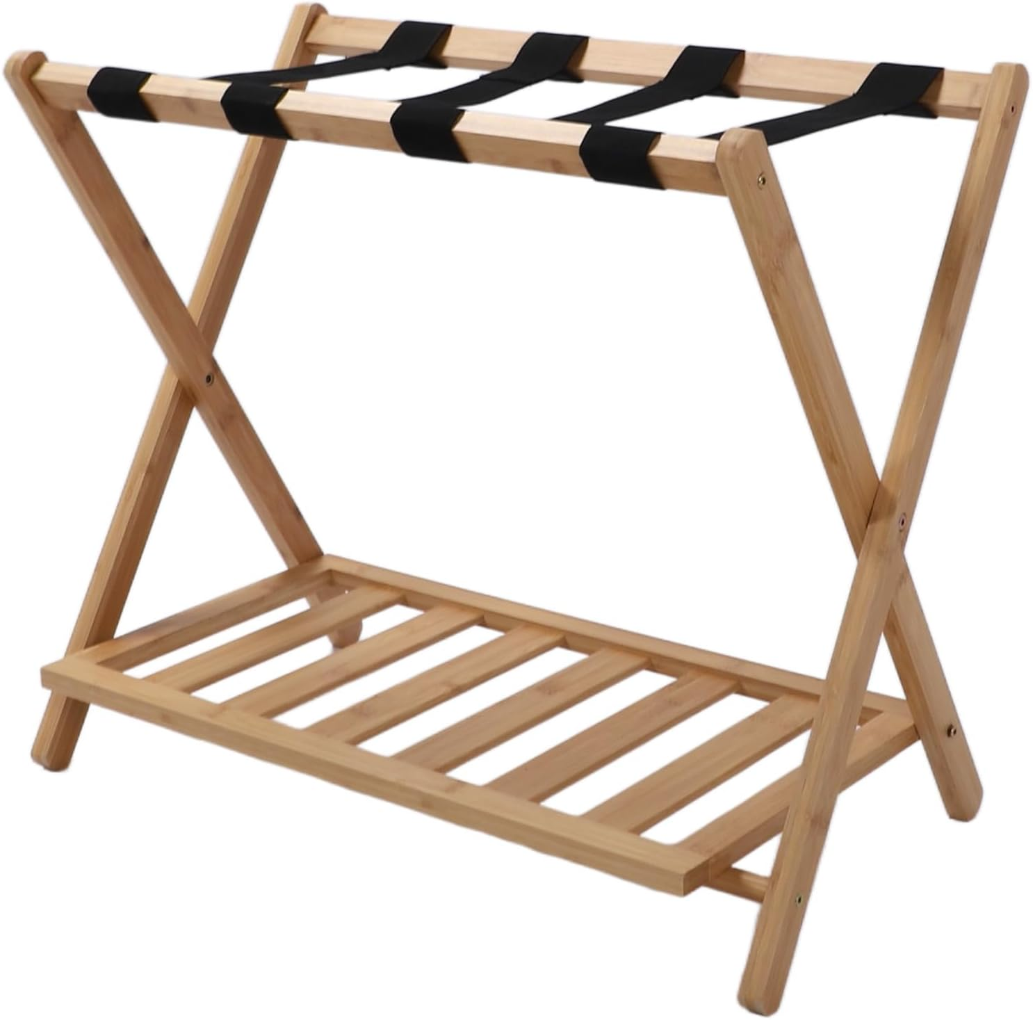 Foldable Luggage Rack, Bamboo Folding Luggage Rack with Lower Storage Shelf, 4 Heavy Duty Straps Folding Suitcase Stand, Ideal for Bedroom, Hotel image number 5