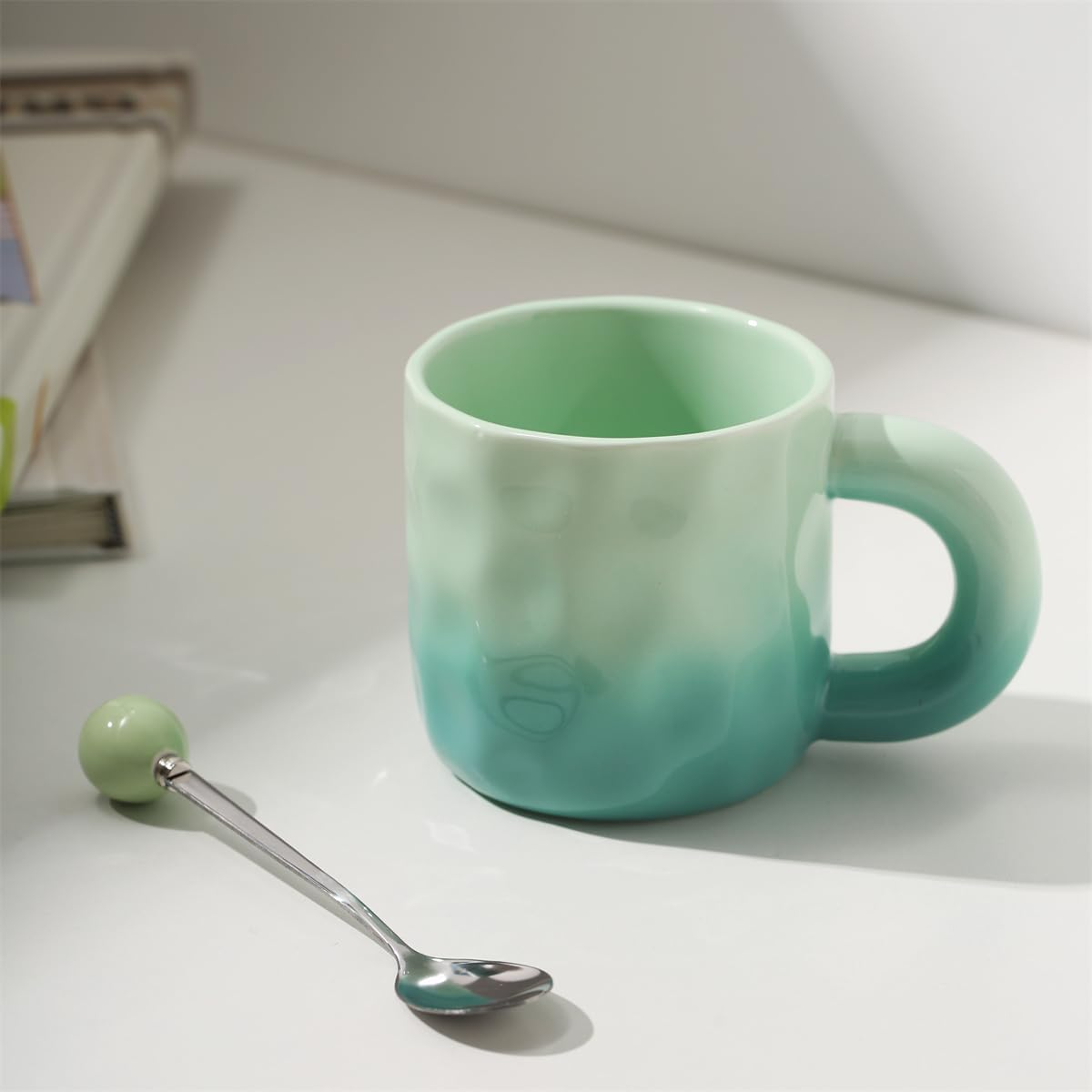 TREEWOO Creative Gradient Macaroon Color Ceramic Handmade Coffee Mug with Chubby Handle and Spoon Cute Breakfast Coffee Milk Cup for Family Friend (Green) image number 1