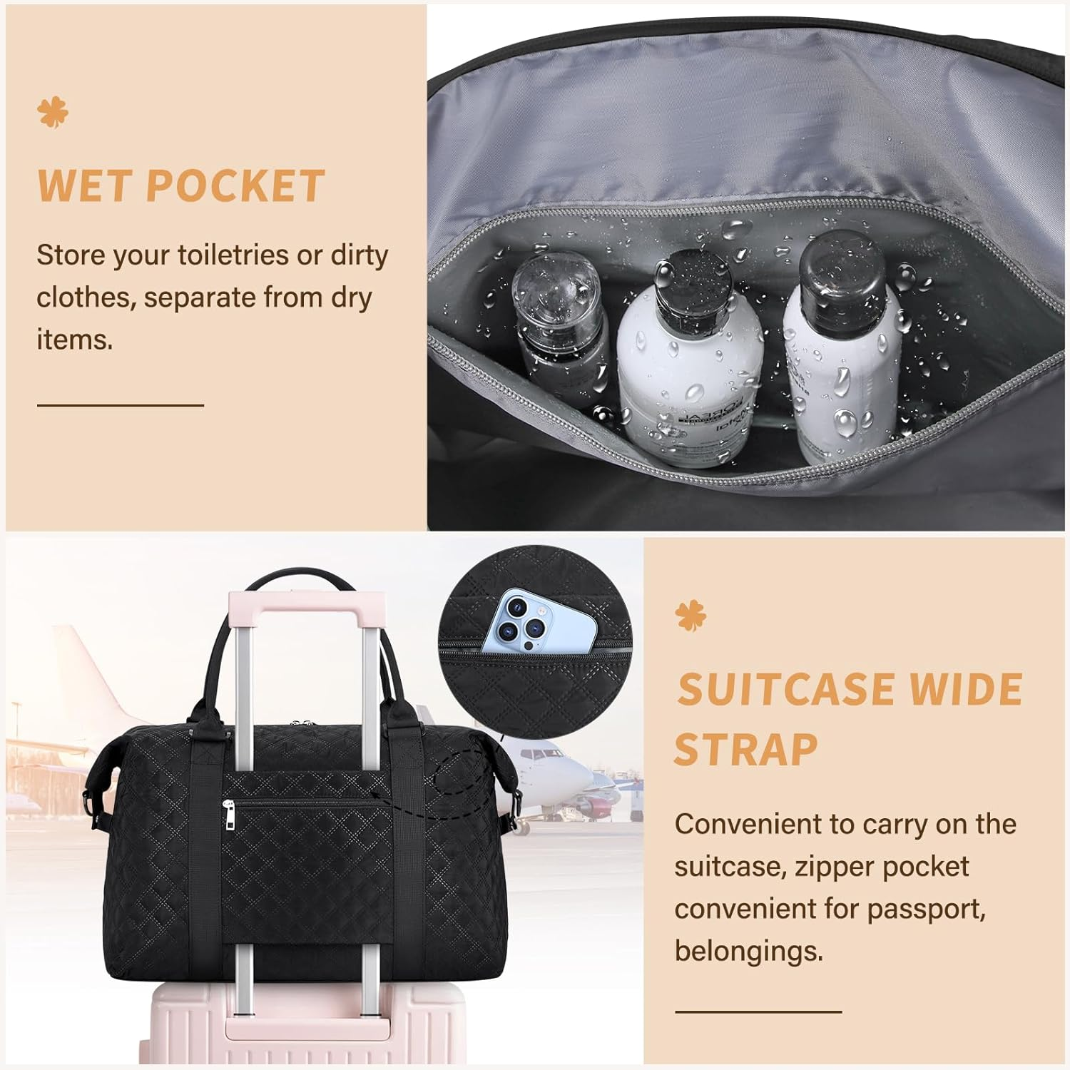 Sports Gym Bag Travel Duffle Bag Women Weekender Bag Carry on Bag for Airplane Overnight Shoulder Bag with Wet Pocket Duffel Bag for Travel, Gym, Yoga image number 2