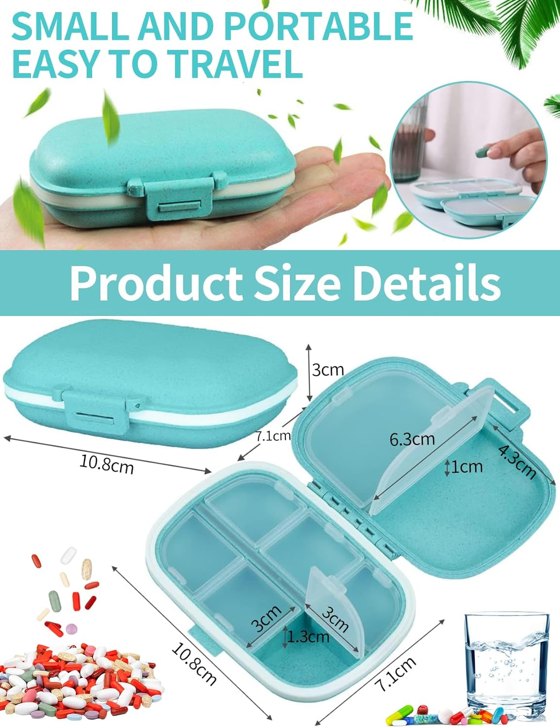 2 PCS Travel Pill Organizers, Daily Pill Organizers, 8 Compartments Portable Pill Cases, Pill Box to Hold Vitamins Cod Liver Oil, Small Pill Box for Pocket Purse Medicine Container Beige (Pink)