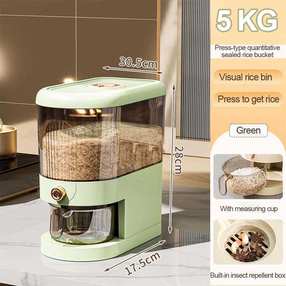 Rice Dispenser, Grain Container Storage, Measuring Cylinder with Lid, Sealed Rice Jar, Household Rice and Flour Drawer, Rice Storage Box, Grain Dispenser Barrel for Kitchen (Green, 5 KG) image number 5
