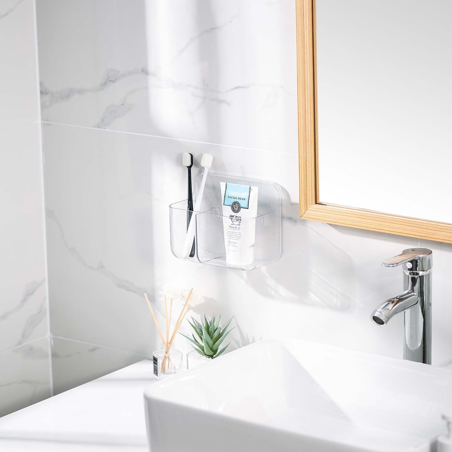 Small Adhesive Acrylic Wall Basket - Waterproof Wall Mount Caddy for inside Cabinet Door Storage - Ideal Kitchen Cabinet Door Organizer image number 6