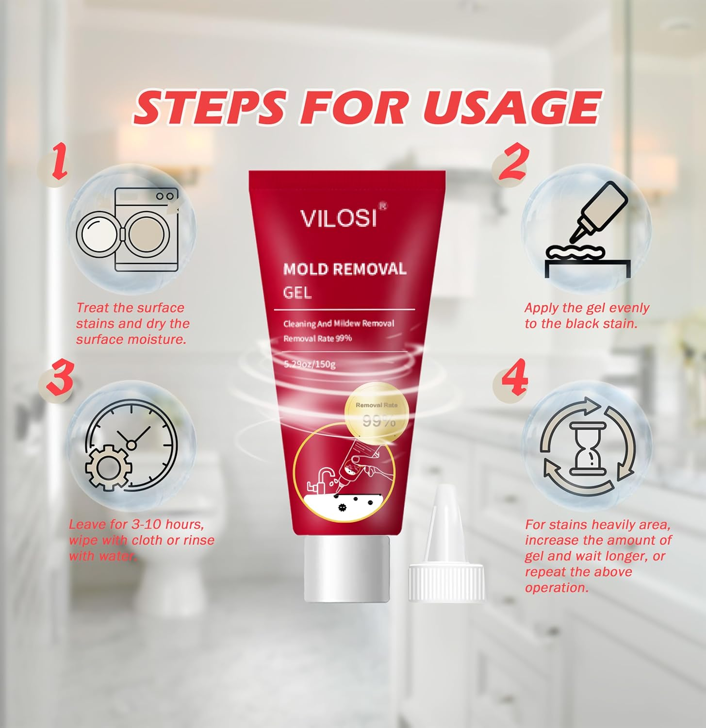 VILOSI Washing Machine Cleaning Gel, 300Ml/10.6Oz Black Stain Remover Gel for Bathroom Shower Grout, Front Loader Washing Machine Seal, Refrigerator Strips, Tile & Silicone Surfaces (300, Grams) image number 1