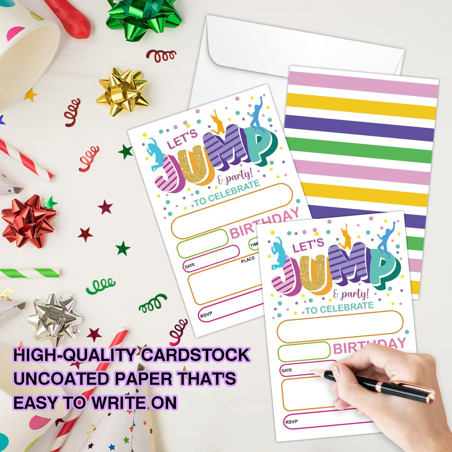 Jump Party Birthday Invitations, Bounce House Trampoline Party Invitations for Boys Girls Kids, Jumping Party Invitations, Jump Party Invites (20 Sets 4" X 6" Cards with 20 Envelopes) - Himo350 image number 1