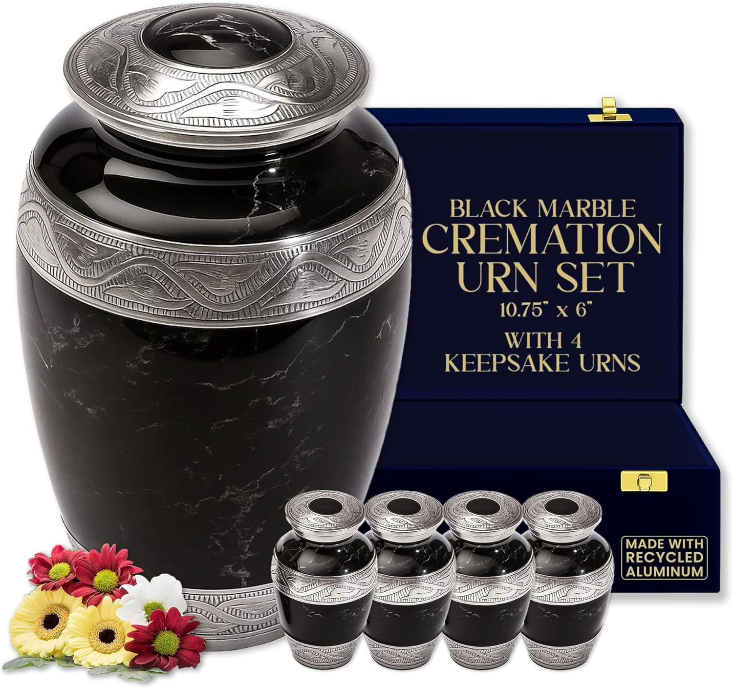 GR8 Great Keepsakes Black Marble Urn with 4 Small Urns for Cremation Ashes Keepsake - Urns for Adult Male, Urns for Human Ashes Adult Female, Decorative Urns, Urn, Cremation Urn Human Ashes, Urns