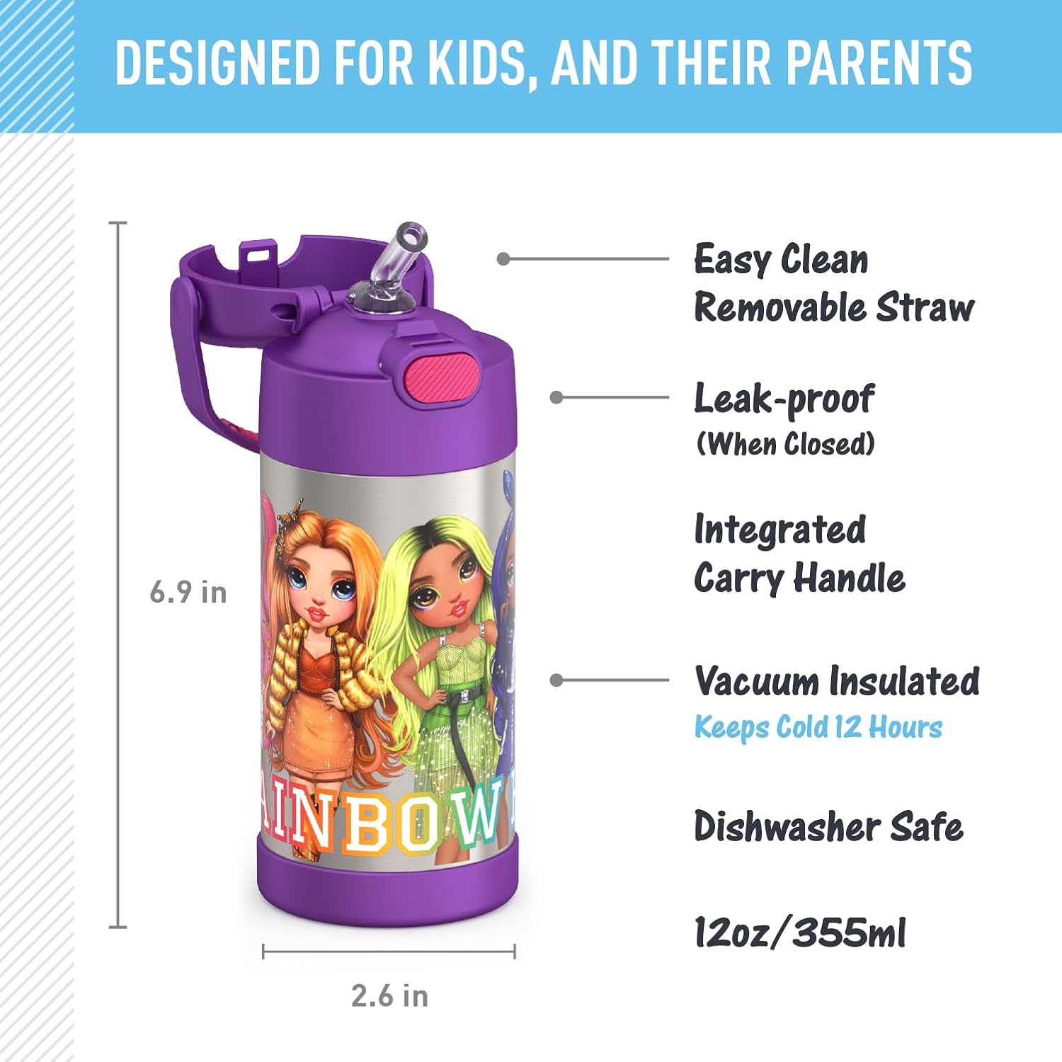 Thermos FUNTAINER 12 Ounce Stainless Steel Vacuum Insulated Kids Straw Bottle, Rainbow HIGH image number 1