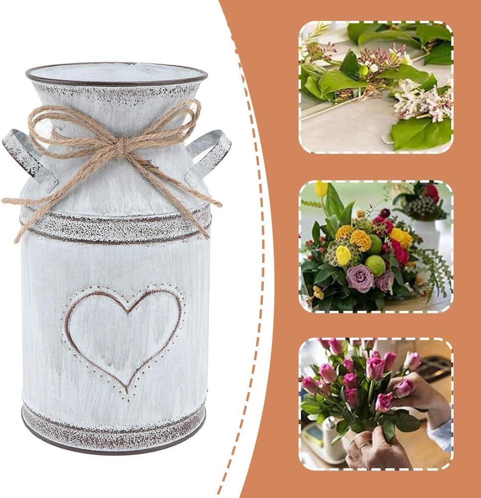 Vintage Metal Vase, Gray Farmhouse Style Retro Milk Jug with Heart Pattern and Handle, Milk Jug for Artificial Dried Flowers or Kitchenware for Home/Wedding and Plant Decoration image number 2