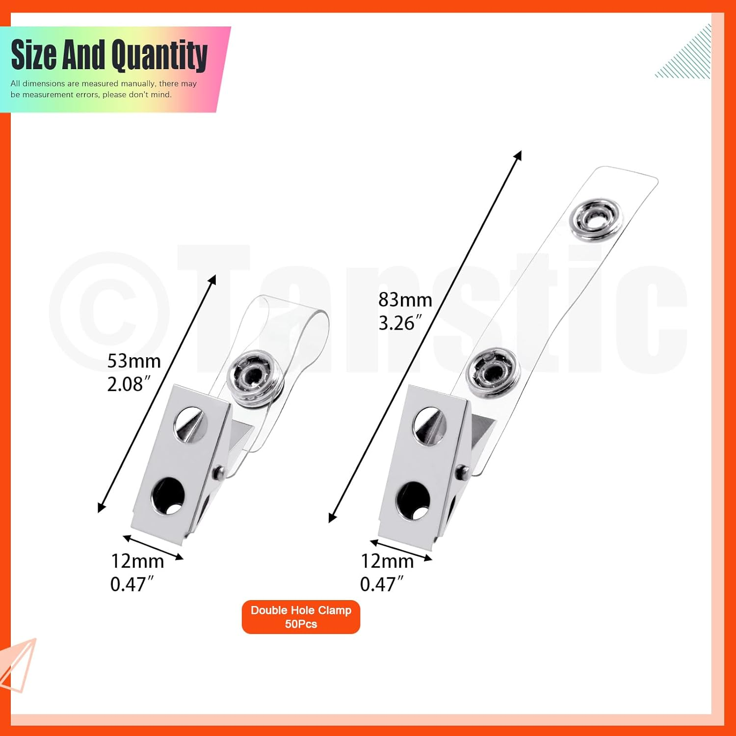 Tanstic 50Pcs Metal Badge Clips with Clear PVC Straps, Name Tag Clips, Double Hole ID Badge Clip, Badge Strap Clip ID Card Clip for ID Cards, Badge Holders, Name Tags image number 2