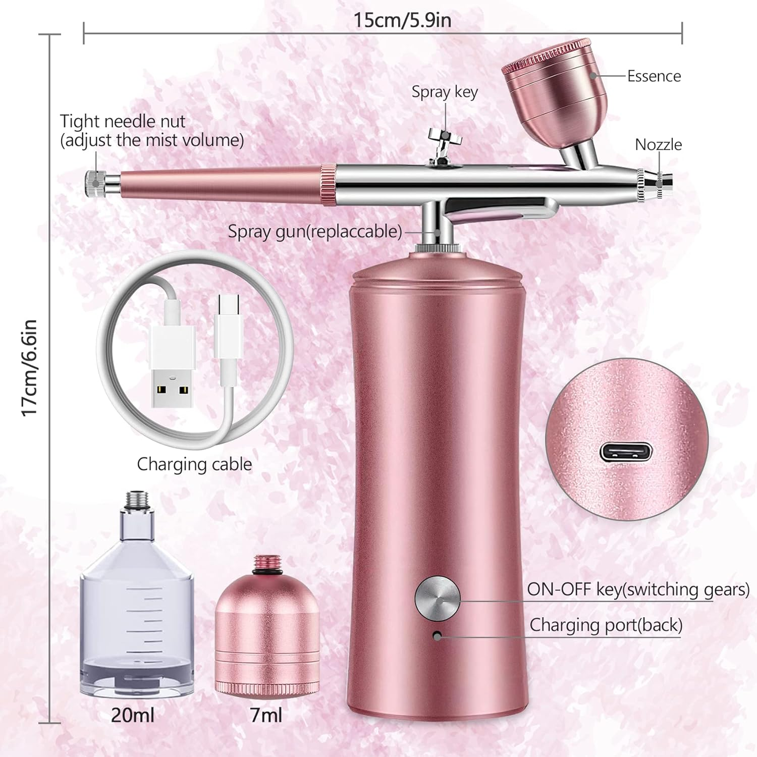 Cordless Nail Airbrush Machine, Airbrush Kit with Compressor, Portable Airbrush for Make-Up, Hairdressing, Nail Art, Model Painting, Cake Decoration (Pink) image number 1