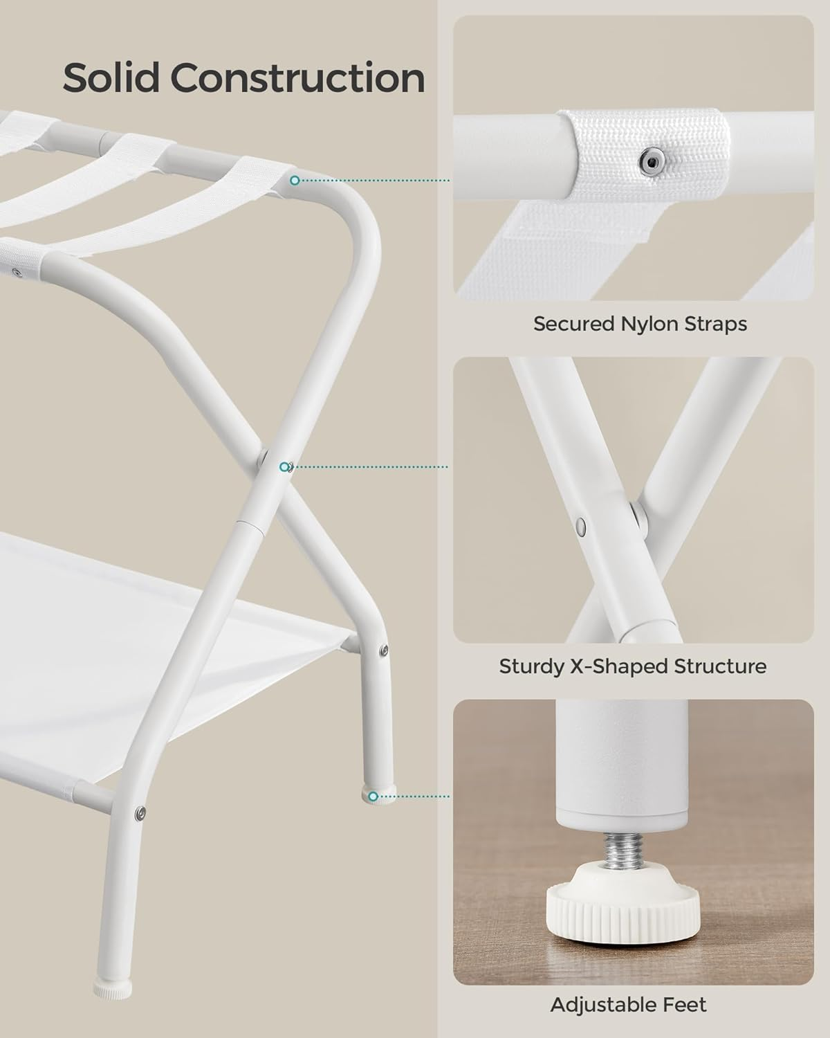 SONGMICS Luggage Racks, Set of 2, Suitcase Stand with Fabric Storage Shelf, for Guest Room, Bedroom, Hotel, Foldable, Holds up to 110 Lb, 27.2 X 15 X 20.5 Inches, Cloud White URLR002W02