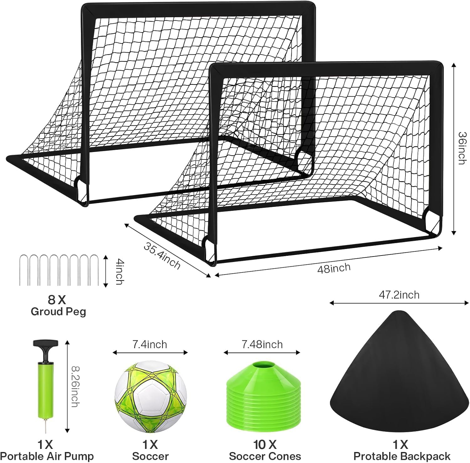 MIAOKE 2 Soccer Goal of 4X3 FT for Backyard, Portable Football Goal Training Equipment with Soccer Ball, 10 Football Cones, Carry Bag, Practice Net for Youth Games, Sports image number 1