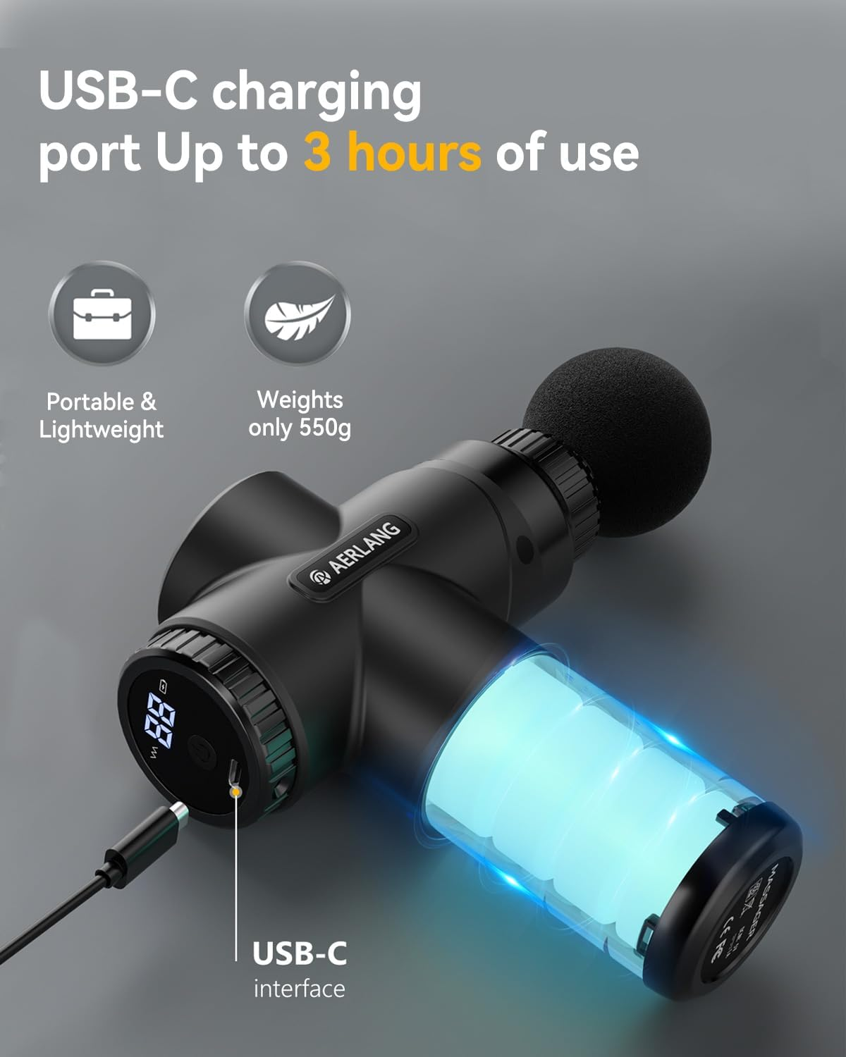 AERLANG Massage Gun, Massage Gun Deep Tissue, with 10 Speed Levels, Type-C Charging, Portable Handheld Muscle Massager, Home and Office Use, Ideal Gifts for Men - Black image number 4