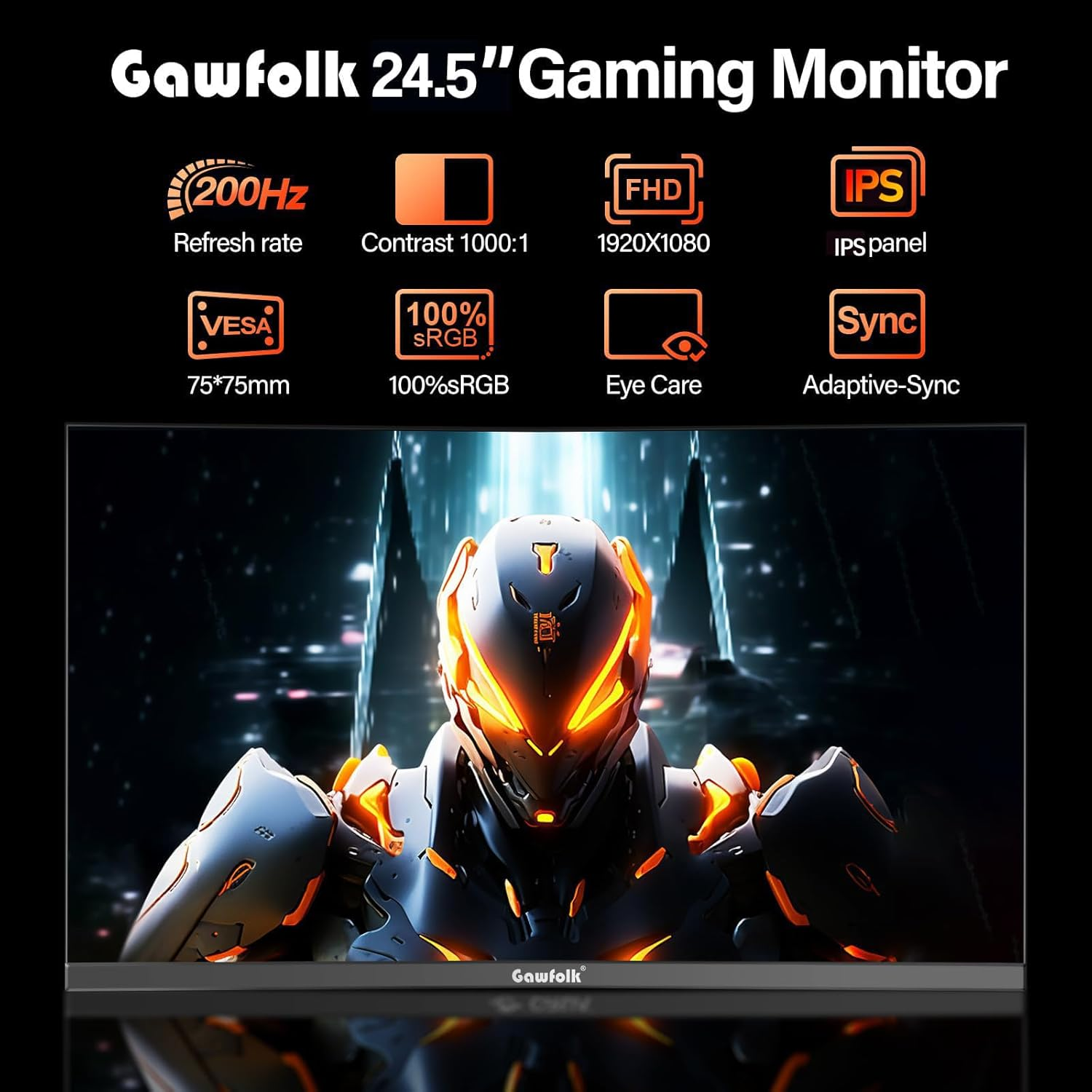 Gawfolk 24.5 Inch Gaming Monitor, 200Hz PC Monitor FHD 1080P Frameless Computer Monitors, IPS, Srgb 100%, Displayport, HDMI, Eye Care, Wall Mount Compatible image number 4